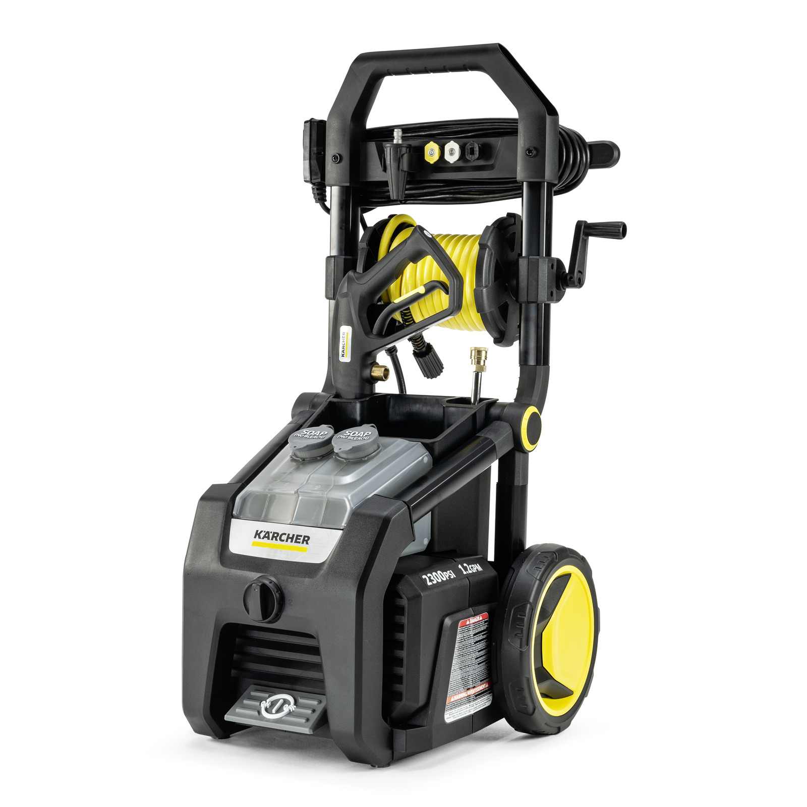 Kärcher high-pressure cleaner with yellow accents, hose reel, and detergent tanks, on large wheels for mobility.