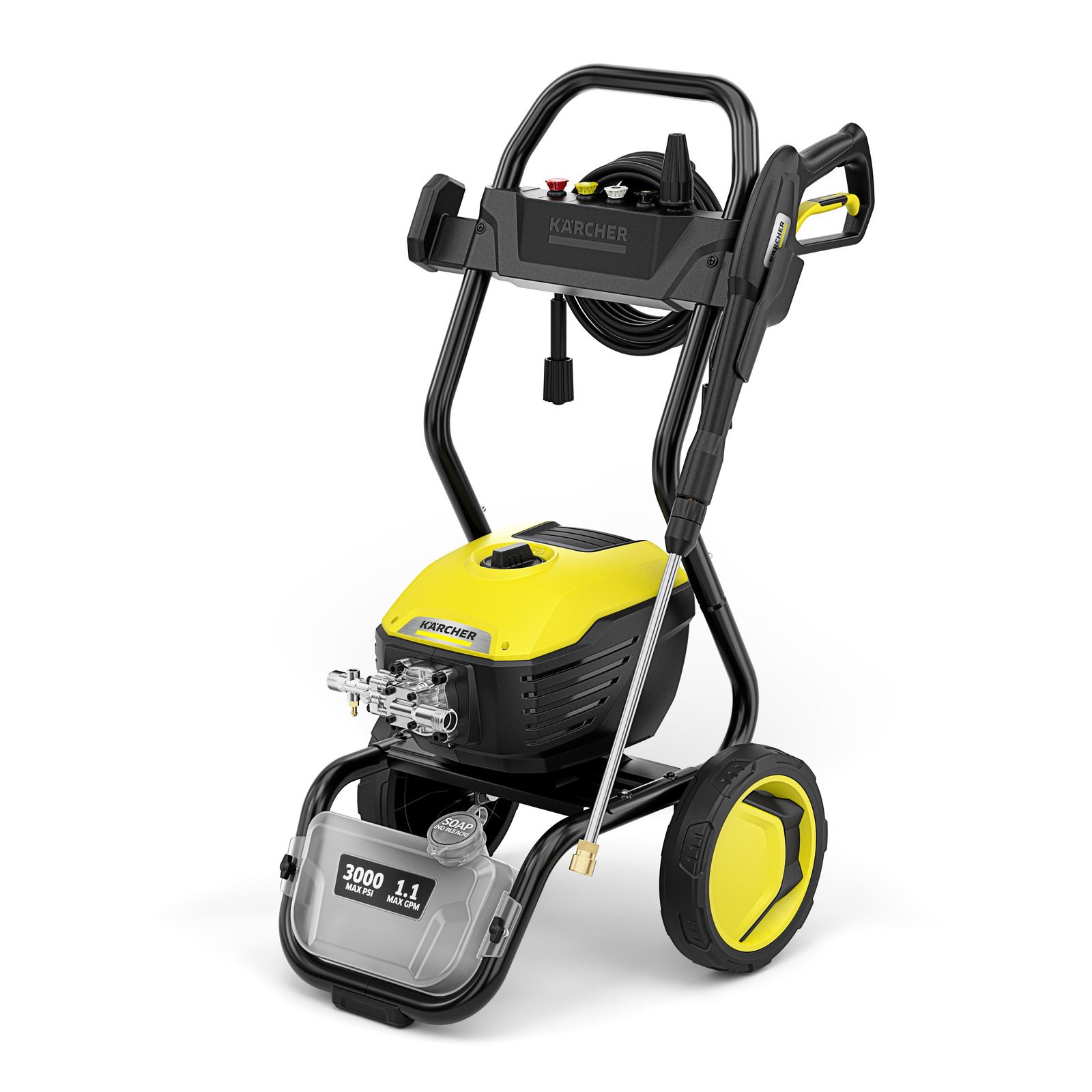 Kärcher high-pressure cleaner with yellow accents, mounted on a black frame with wheels, hose, and handle. Kärcher high-pressure cleaner with yellow accents, mounted on a black frame with wheels, hose, and handle.