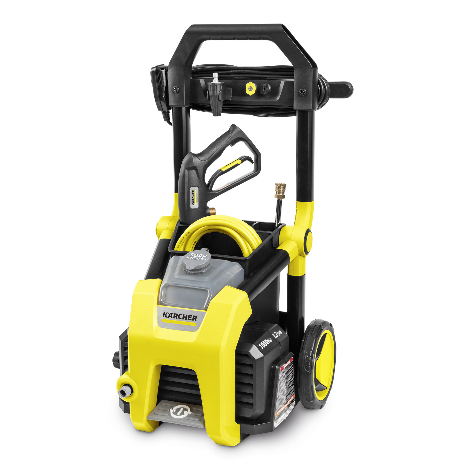 Kärcher high-pressure cleaner with yellow and black design, hose reel, and soap dispenser on a wheeled frame. Kärcher high-pressure cleaner with yellow and black design, hose reel, and soap dispenser on a wheeled frame.
