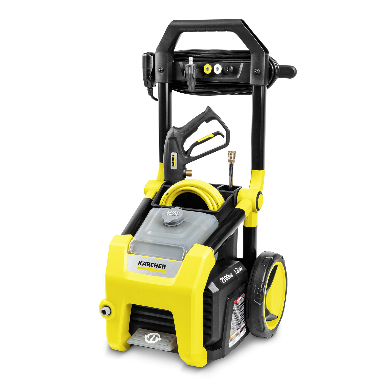Kärcher high-pressure cleaner with yellow and black design, hose reel, and soap tank, set on a white background. Kärcher high-pressure cleaner with yellow and black design, hose reel, and soap tank, set on a white background.
