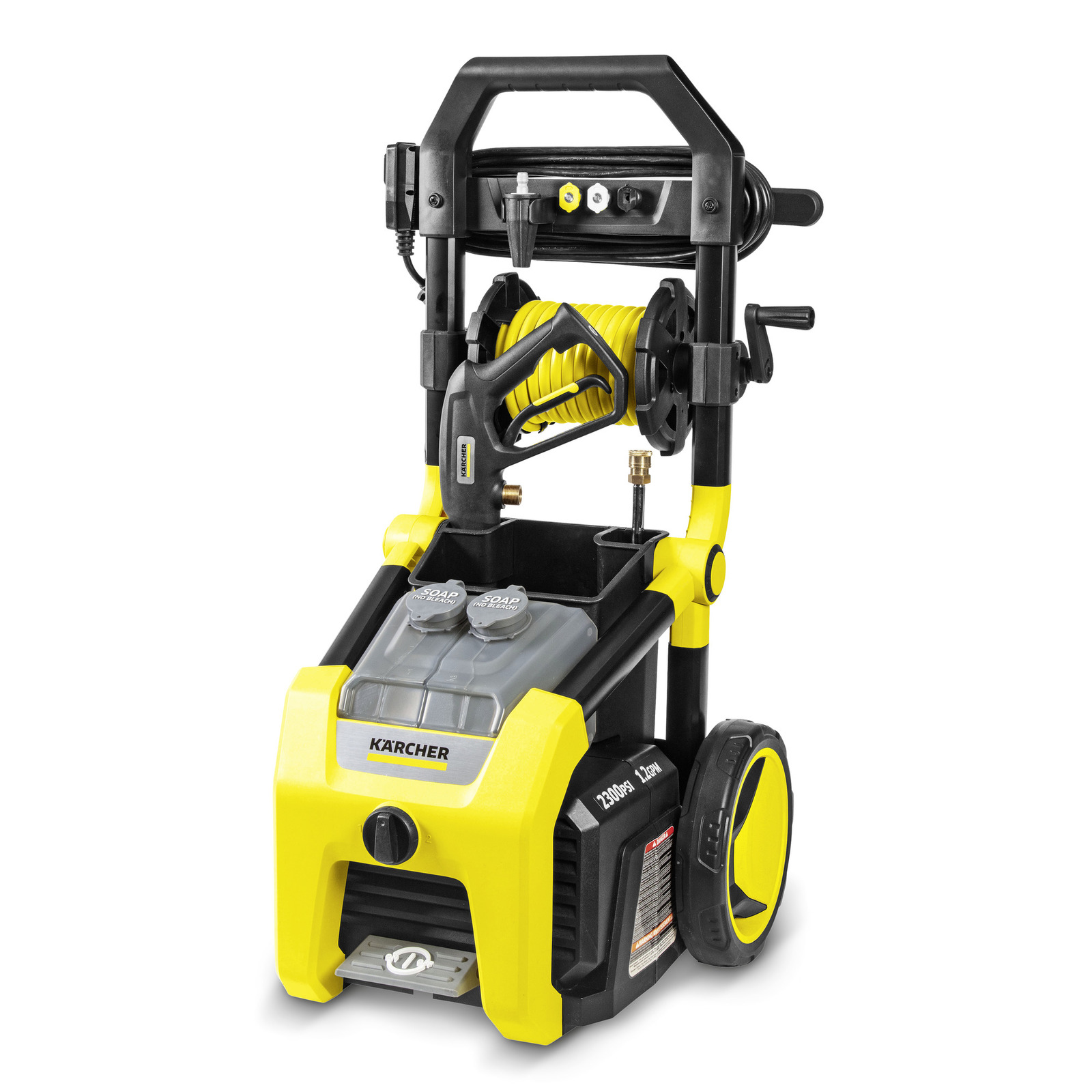 Kärcher high-pressure cleaner with hose reel, soap tanks, and sturdy wheels, featuring a yellow and black design. Kärcher high-pressure cleaner with hose reel, soap tanks, and sturdy wheels, featuring a yellow and black design.