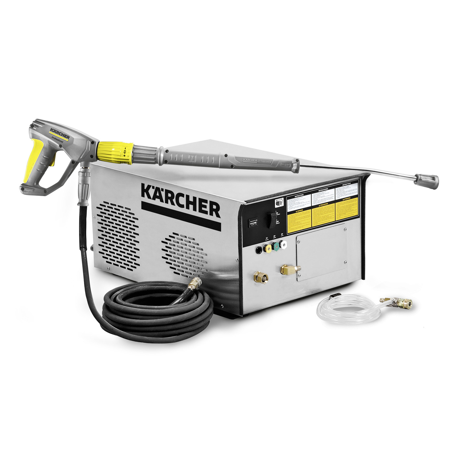 Kärcher high-pressure cleaner with hose and spray gun on a white background.