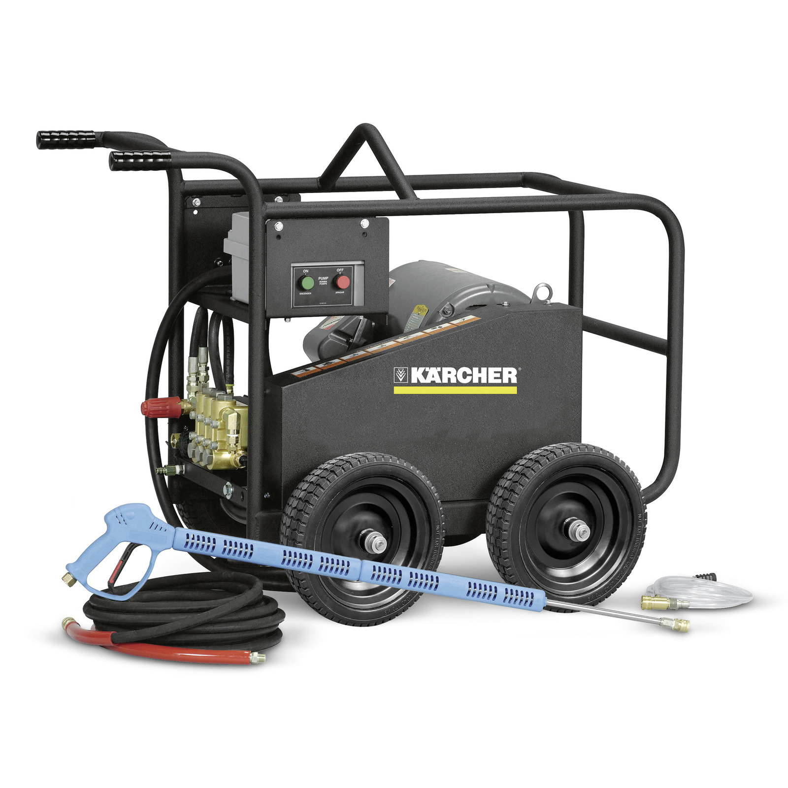 Kärcher high-pressure cleaner with a black frame, wheels, control panel, and blue spray gun with hose.