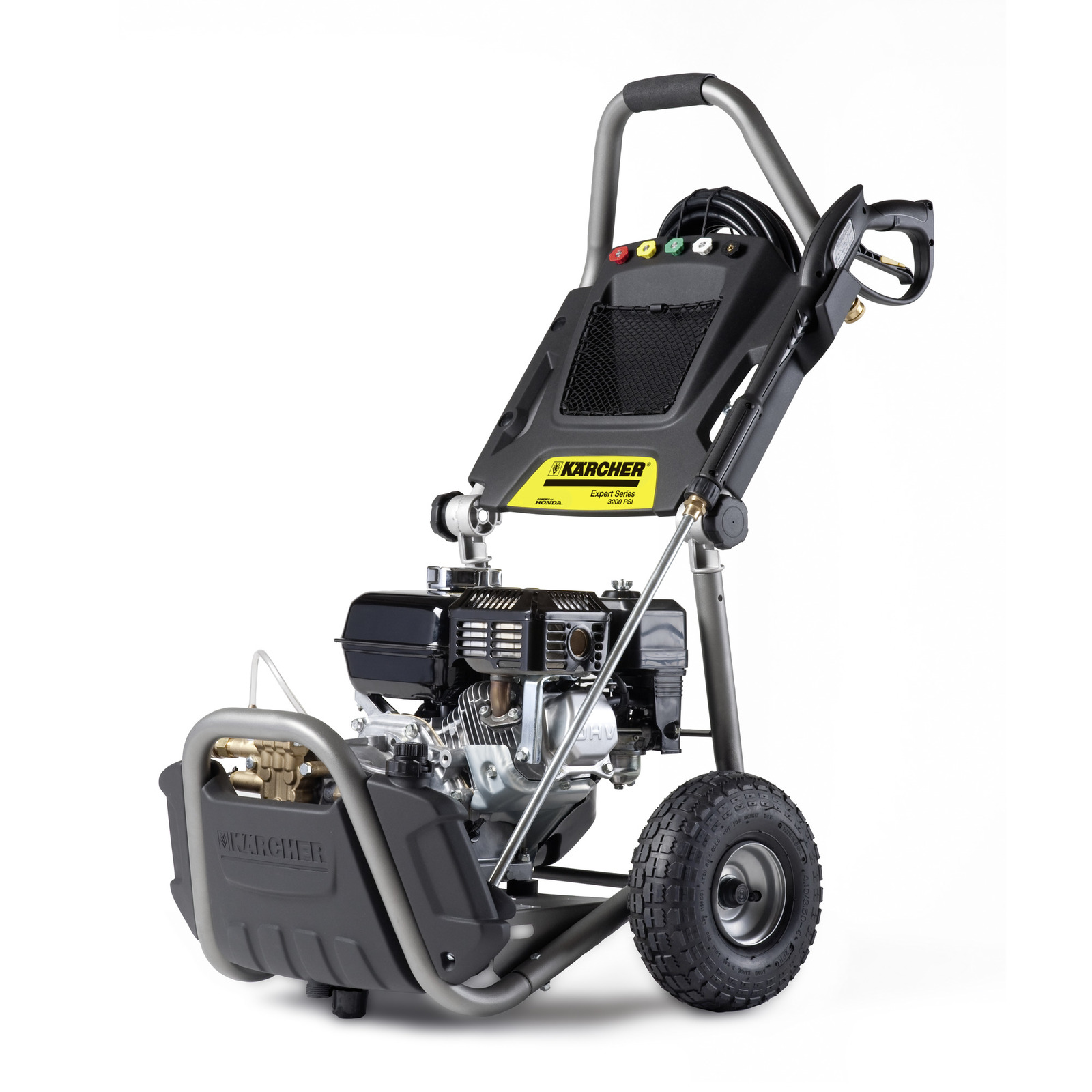 Kärcher high-pressure cleaner with wheels, metal frame, engine, and control panel featuring coloured buttons.