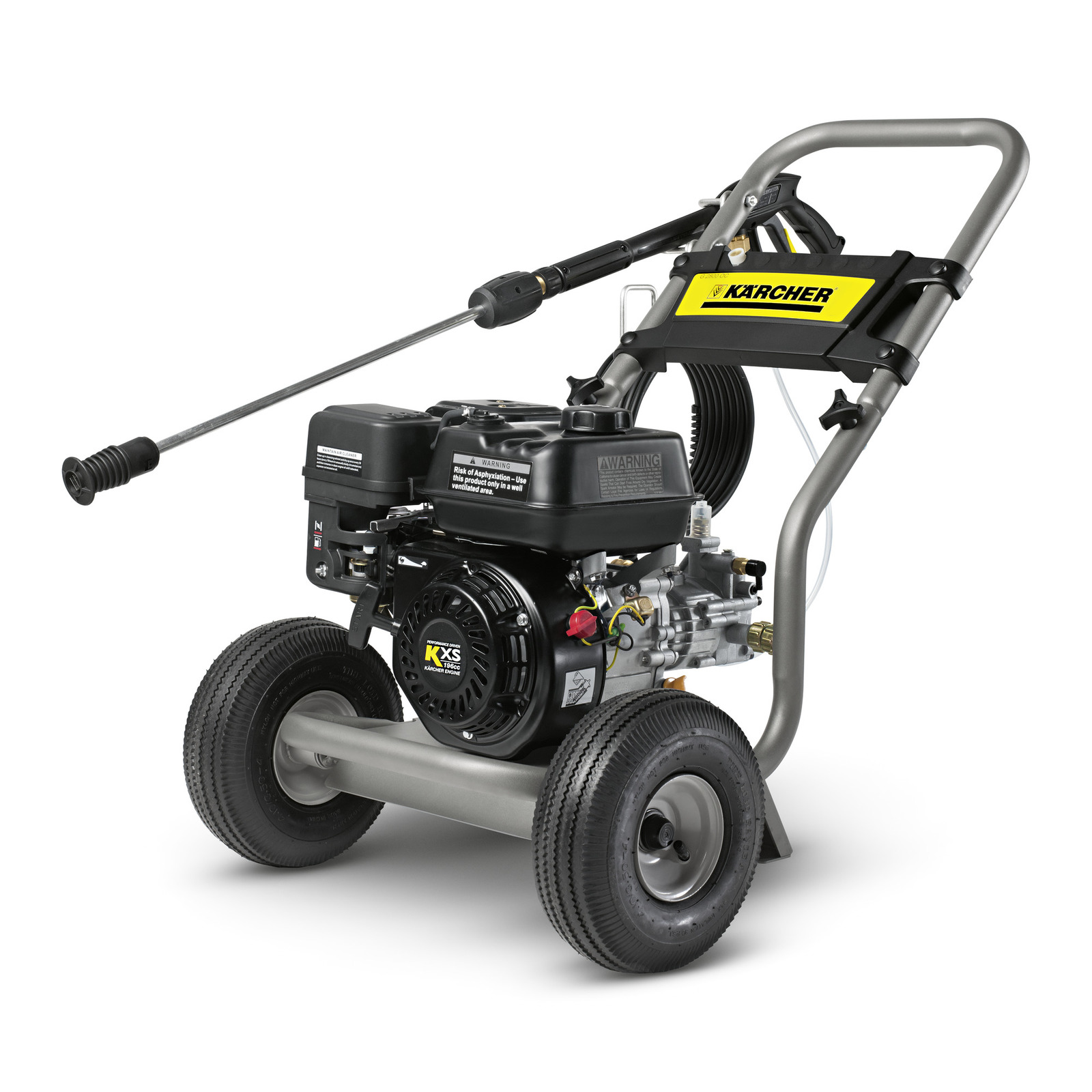 Kärcher high-pressure cleaner with a metal frame, large wheels, and a long spray wand, designed for outdoor cleaning tasks.