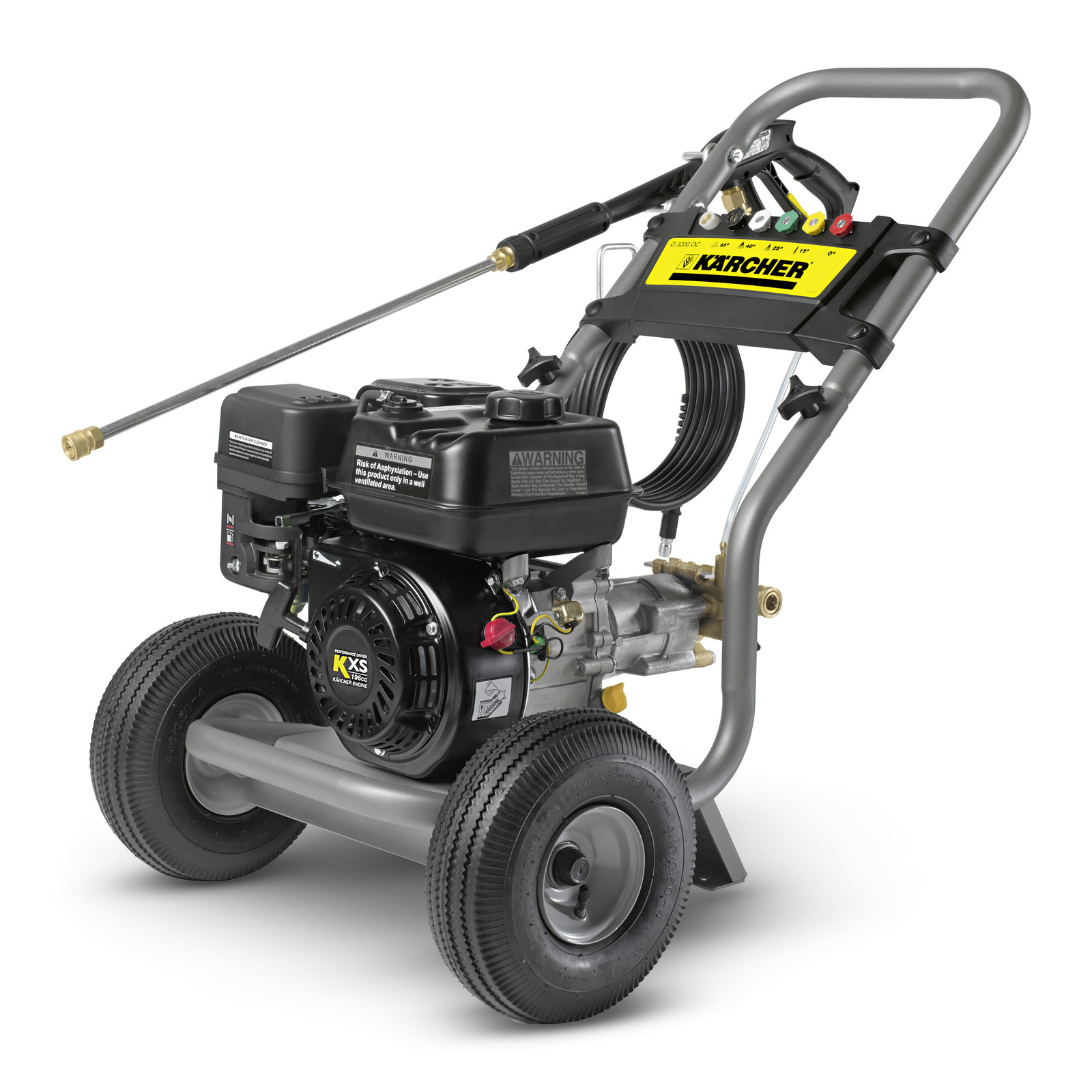 Kärcher high-pressure cleaner with black engine, hose reel, and spray wand on a grey frame with large wheels.