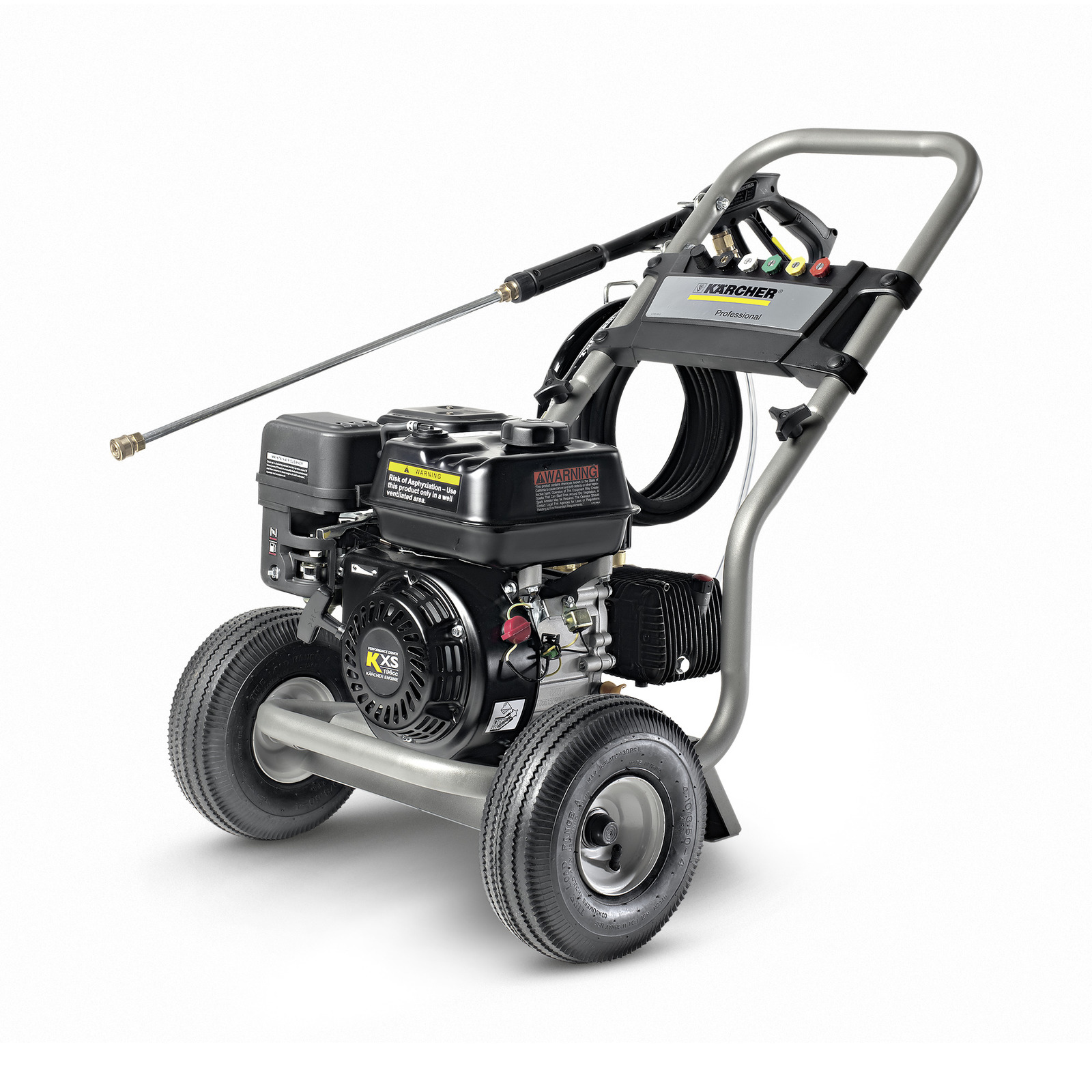 Kärcher high-pressure cleaner with a metal frame, large wheels, hose reel, and spray wand, set against a white background.