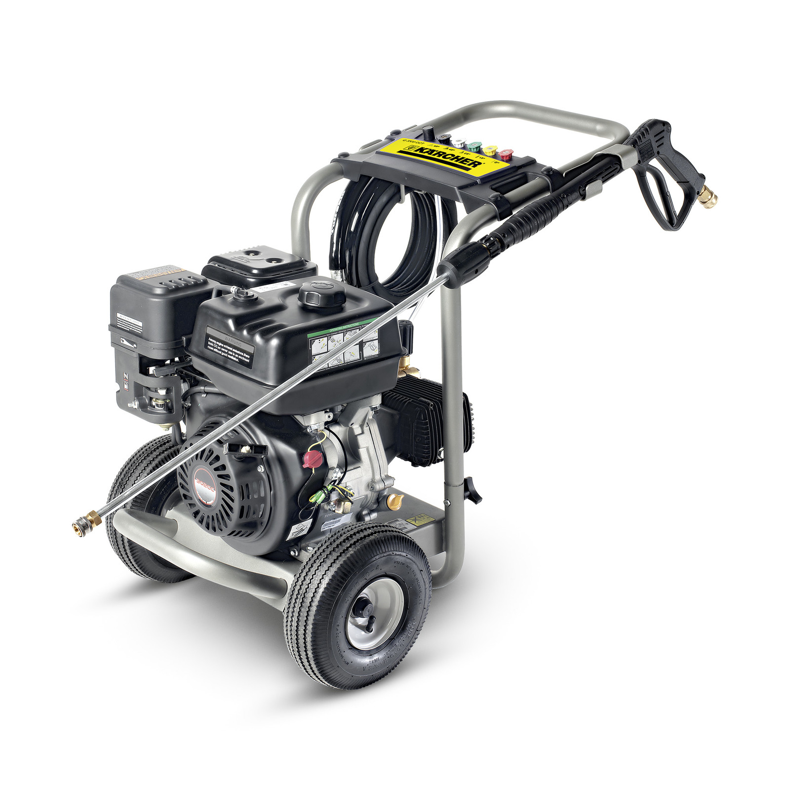 Kärcher high-pressure cleaner with wheels, black engine, hose reel, and spray gun on a metal frame.