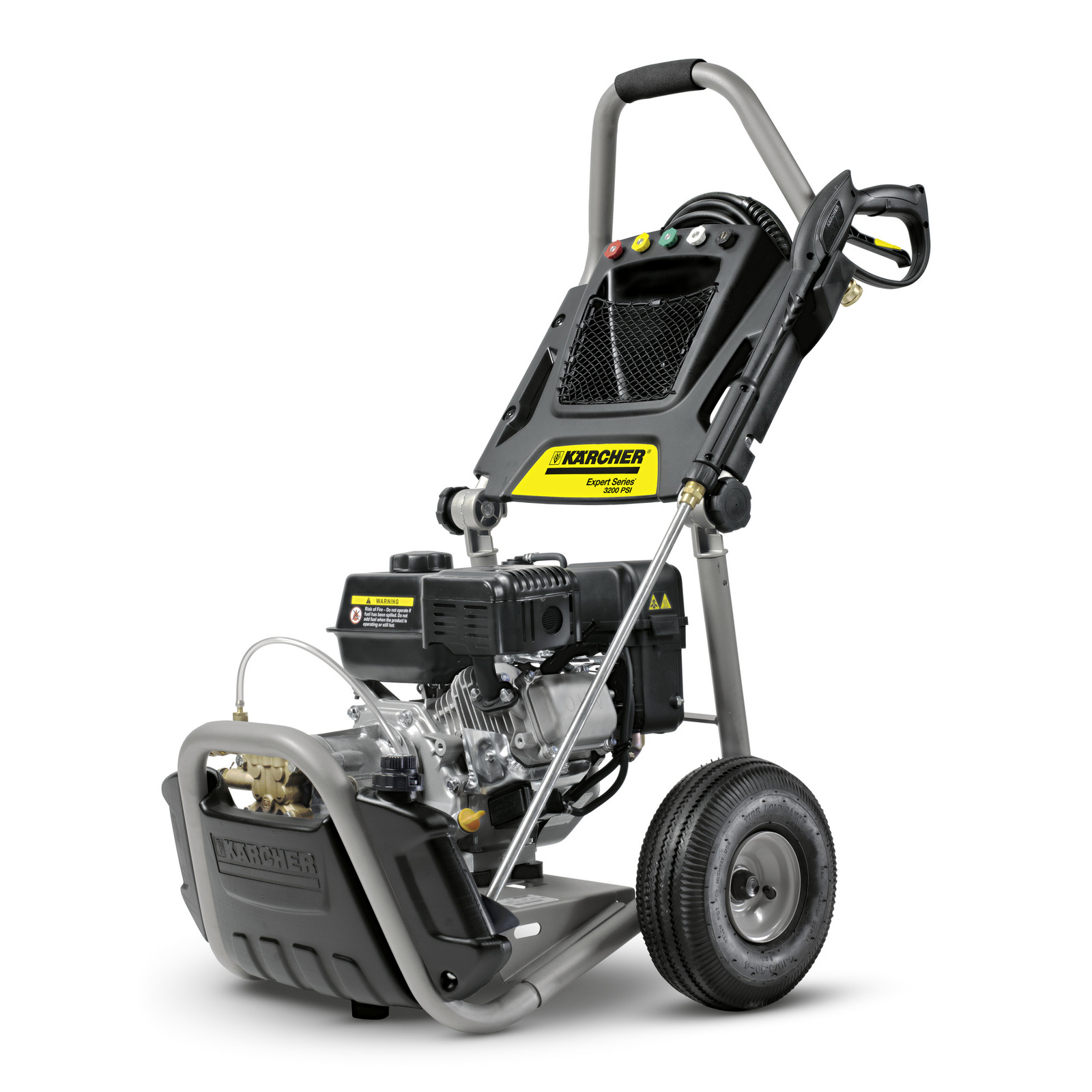 Kärcher high-pressure cleaner with wheels, metal frame, and hose reel, featuring control panel with coloured buttons. Kärcher high-pressure cleaner with wheels, metal frame, and hose reel, featuring control panel with coloured buttons.