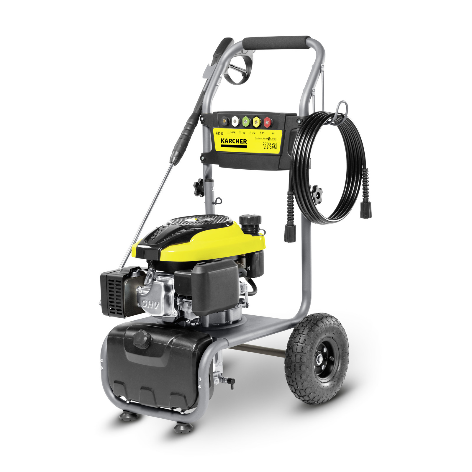 Kärcher high-pressure cleaner with yellow and black design, mounted on a wheeled frame with hose and control panel.