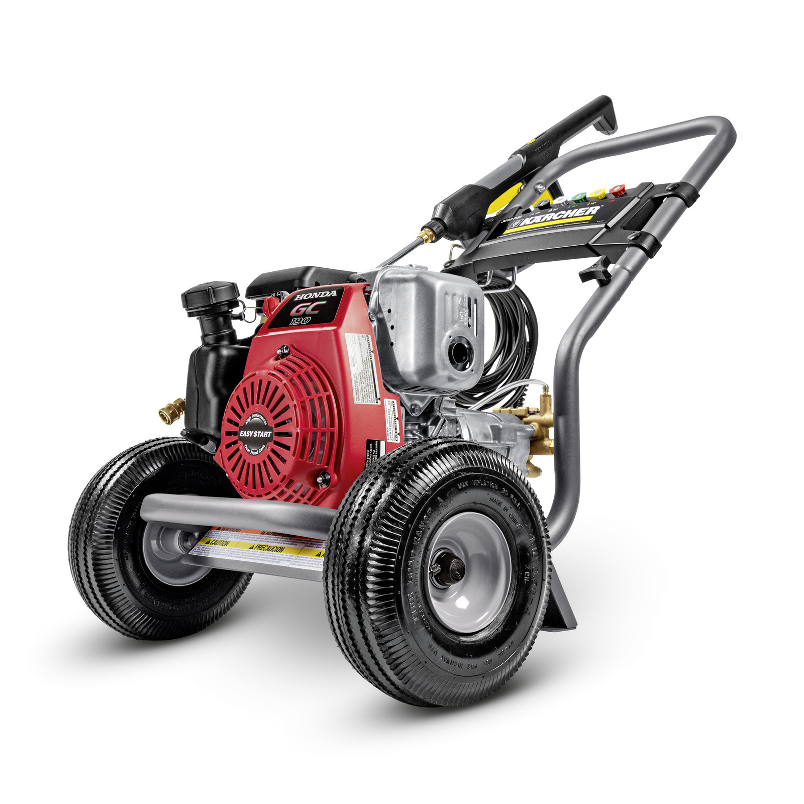 Kärcher high-pressure cleaner with Honda engine, featuring large wheels and a sturdy frame.