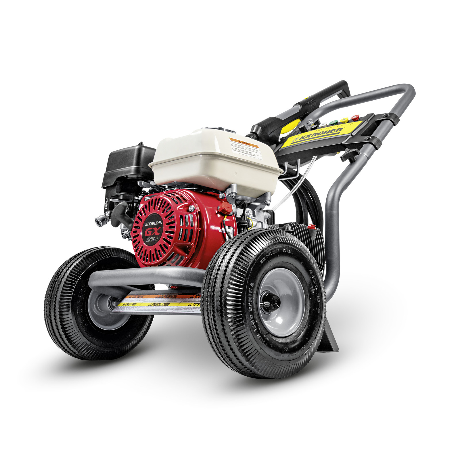 Kärcher high-pressure cleaner with Honda GX engine, featuring large wheels and a sturdy frame.
