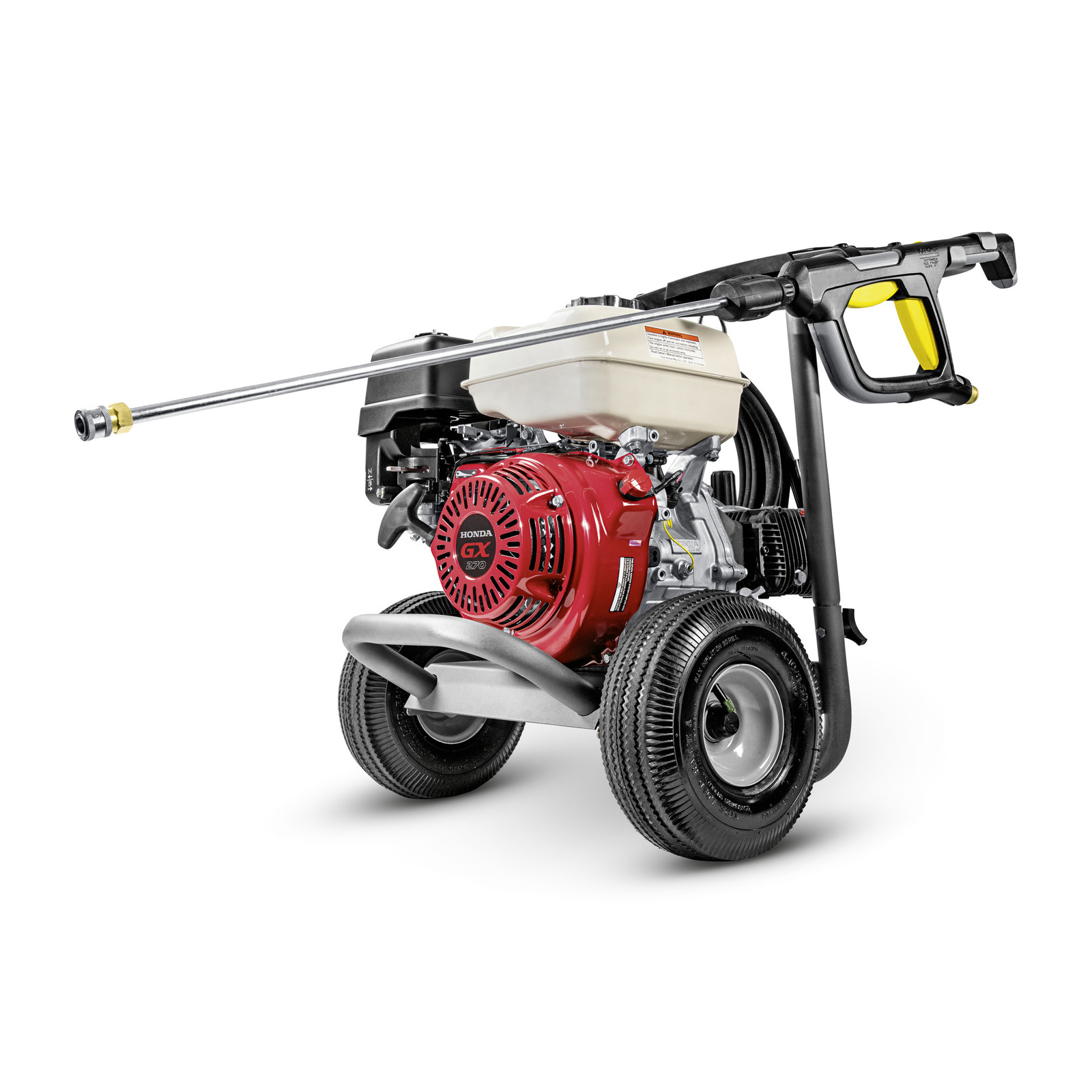 Kärcher high-pressure cleaner with Honda GX engine, featuring a spray gun and sturdy wheels for mobility.