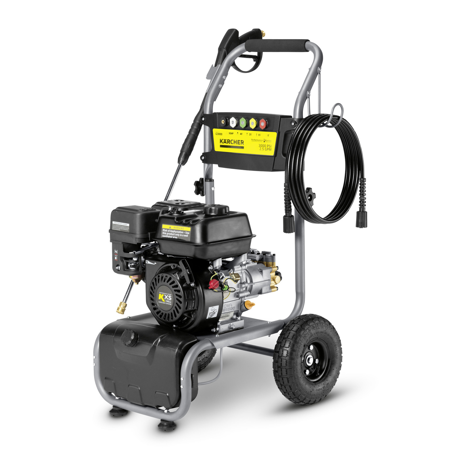 Kärcher high-pressure cleaner with hose, control panel, and wheels, designed for outdoor use.