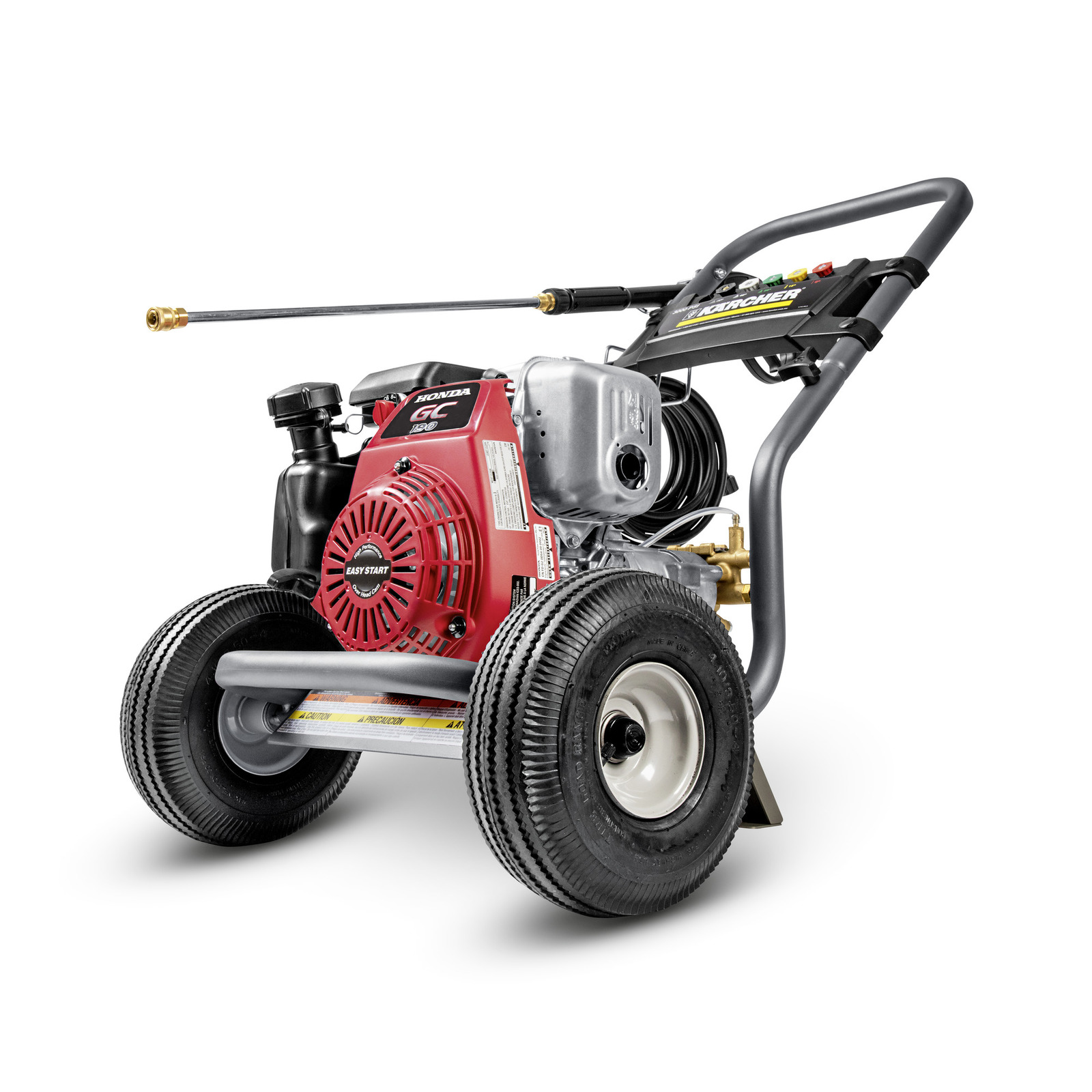 Kärcher high-pressure cleaner with a red Honda engine, black hose, and sturdy wheels on a white background. Kärcher high-pressure cleaner with a red Honda engine, black hose, and sturdy wheels on a white background.