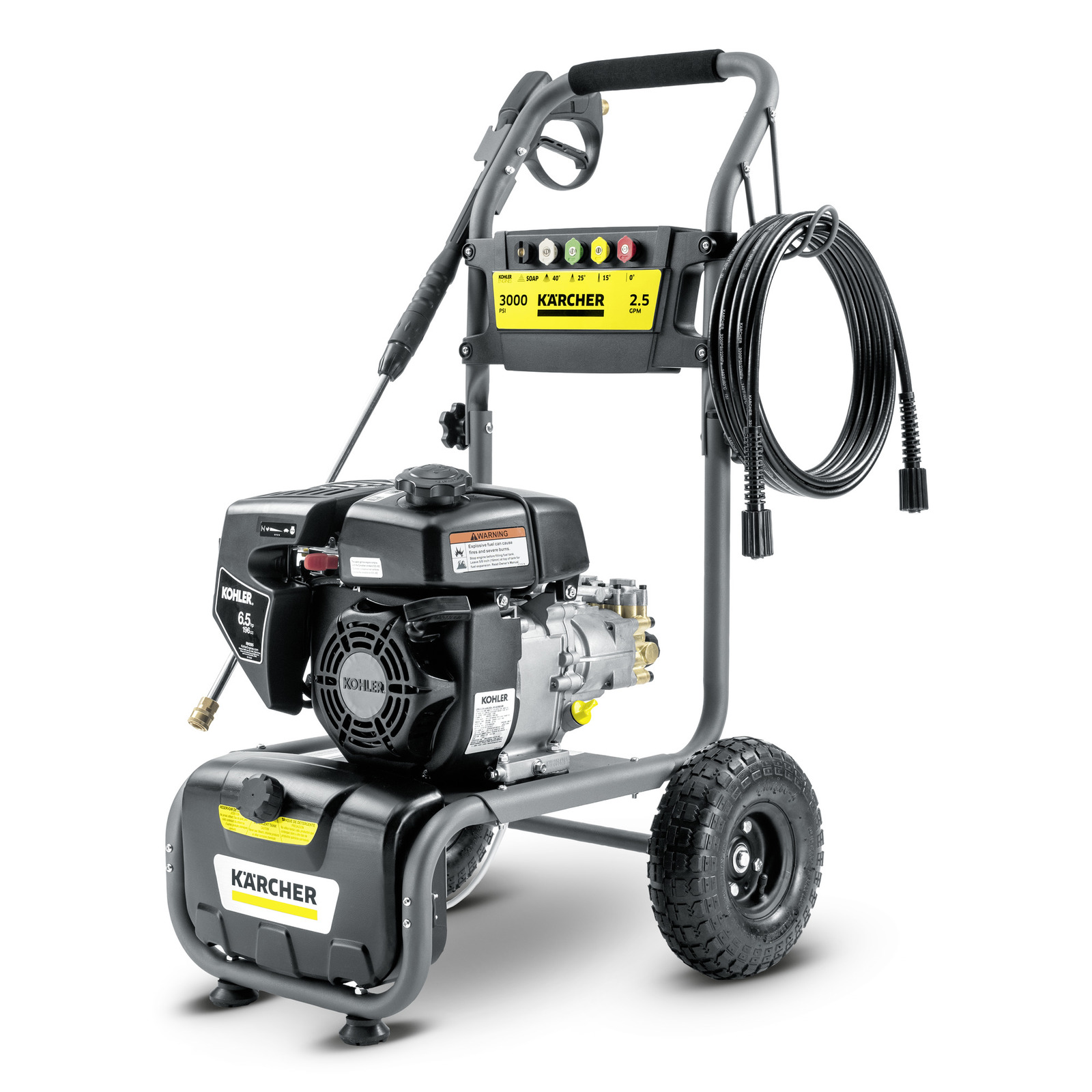 Kärcher high-pressure cleaner with Kohler engine, mounted on a wheeled frame, featuring hose and nozzle attachments.