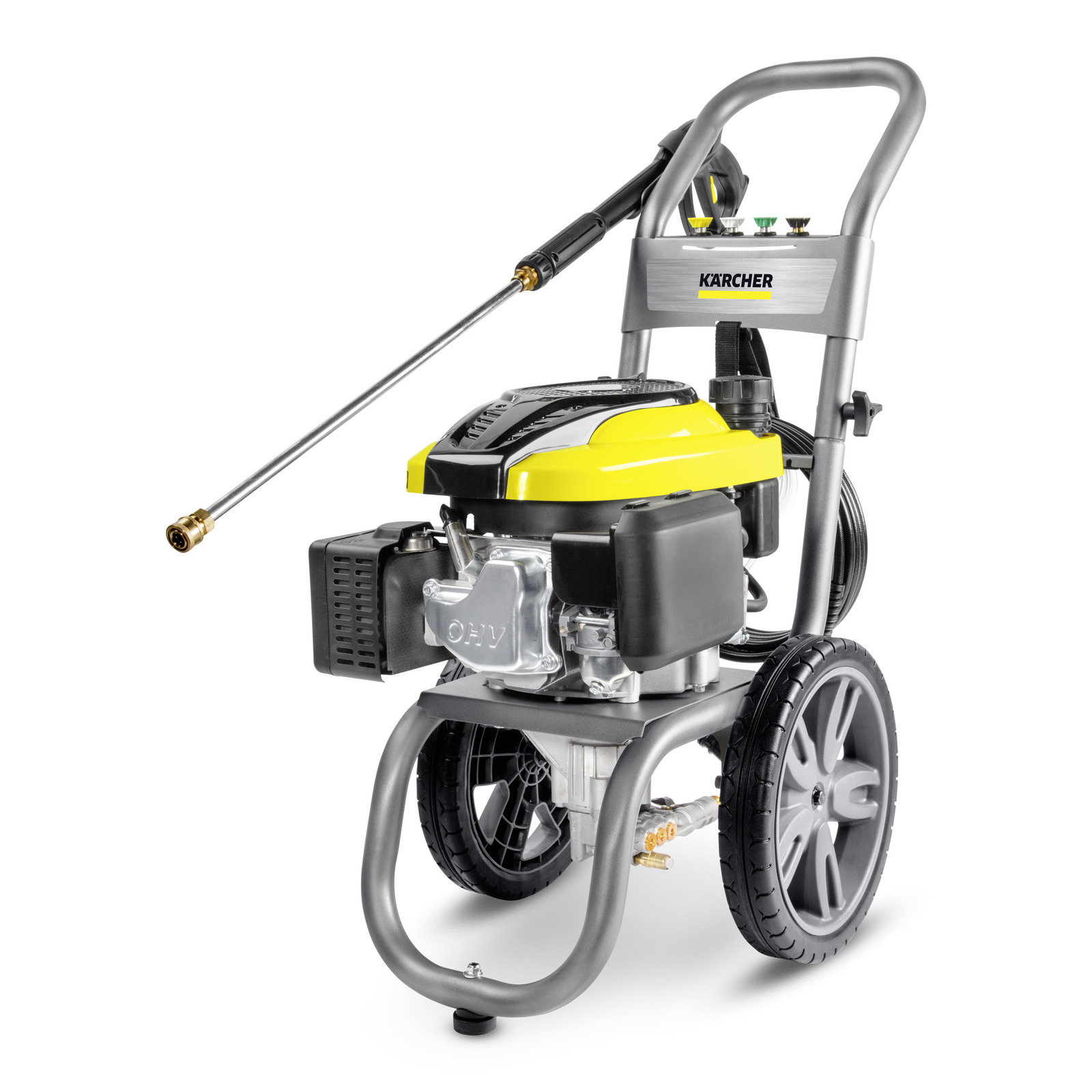 Kärcher high-pressure cleaner with yellow and black accents, mounted on a wheeled frame with a long spray wand.