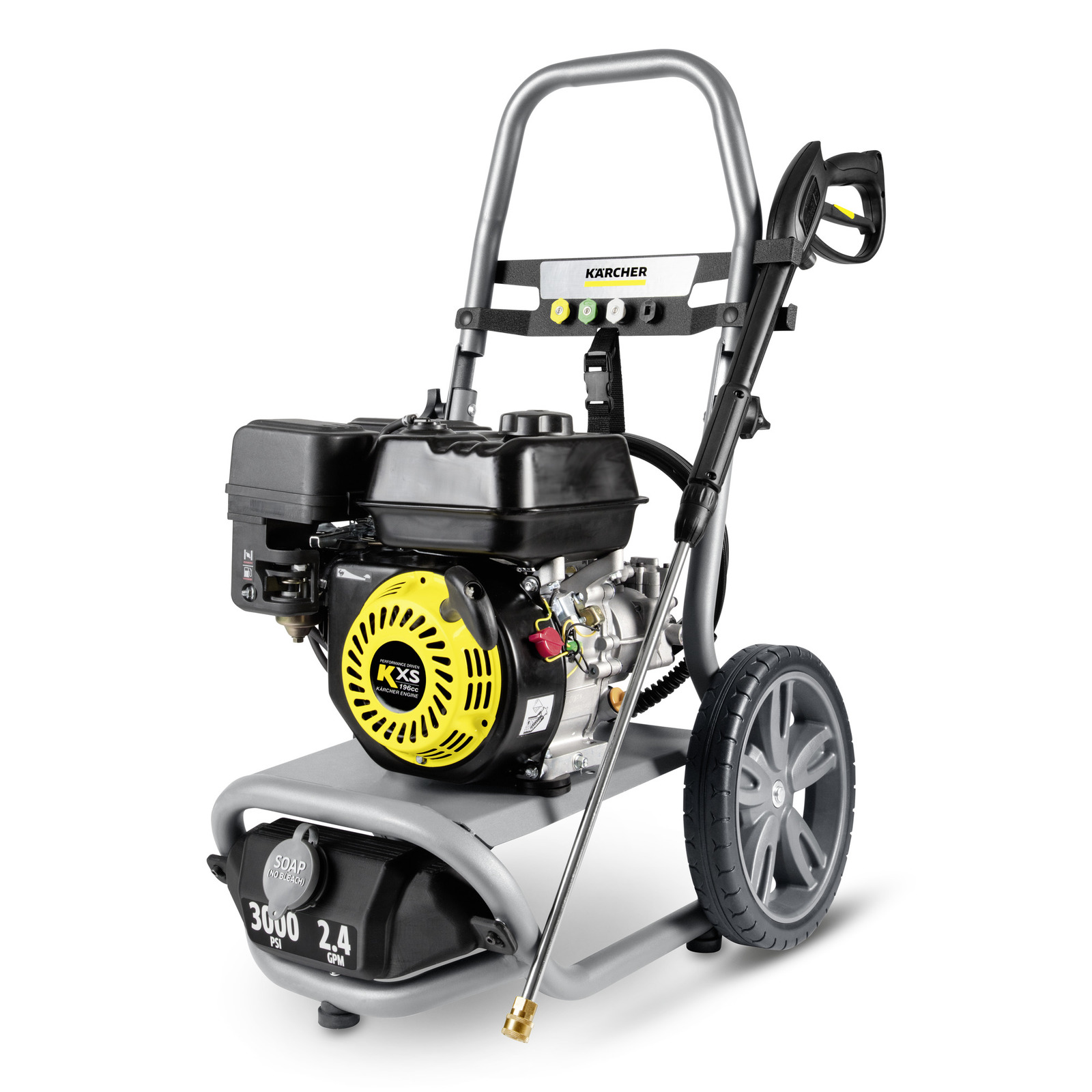 Kärcher high-pressure cleaner with a black engine, yellow fan cover, and large wheels on a metal frame.