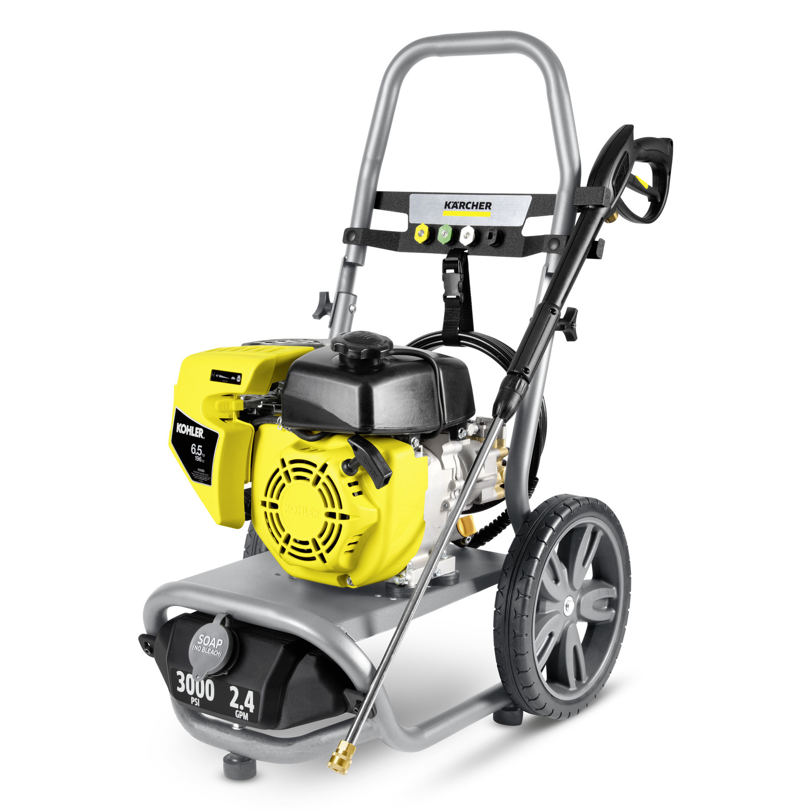 Kärcher high-pressure cleaner with yellow Kohler engine, mounted on a wheeled frame, featuring a spray wand and soap tank. Kärcher high-pressure cleaner with yellow Kohler engine, mounted on a wheeled frame, featuring a spray wand and soap tank.