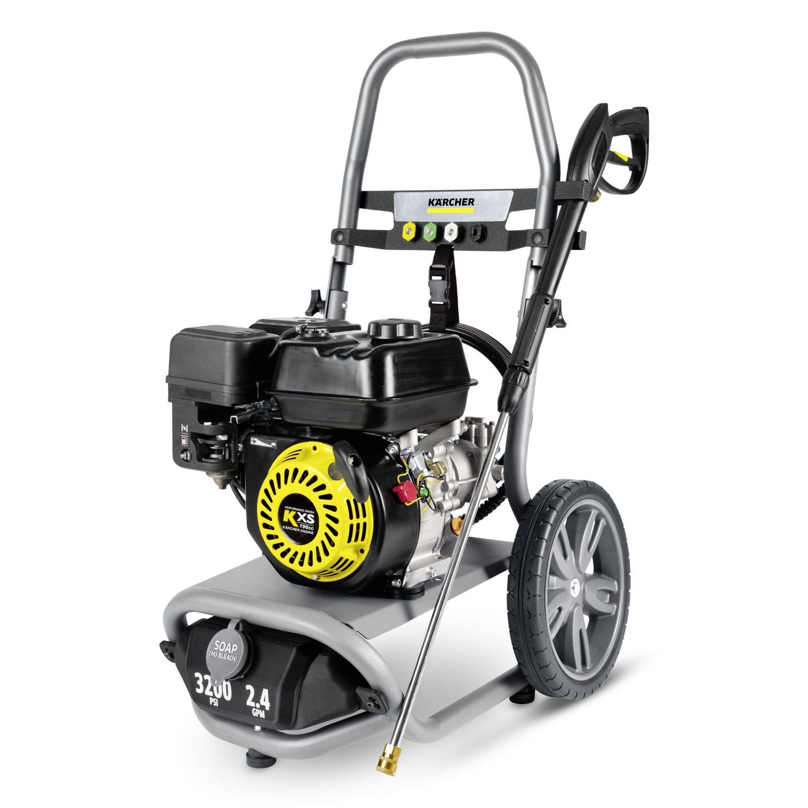 Kärcher high-pressure cleaner with a yellow and black engine, mounted on a wheeled frame with a soap dispenser.