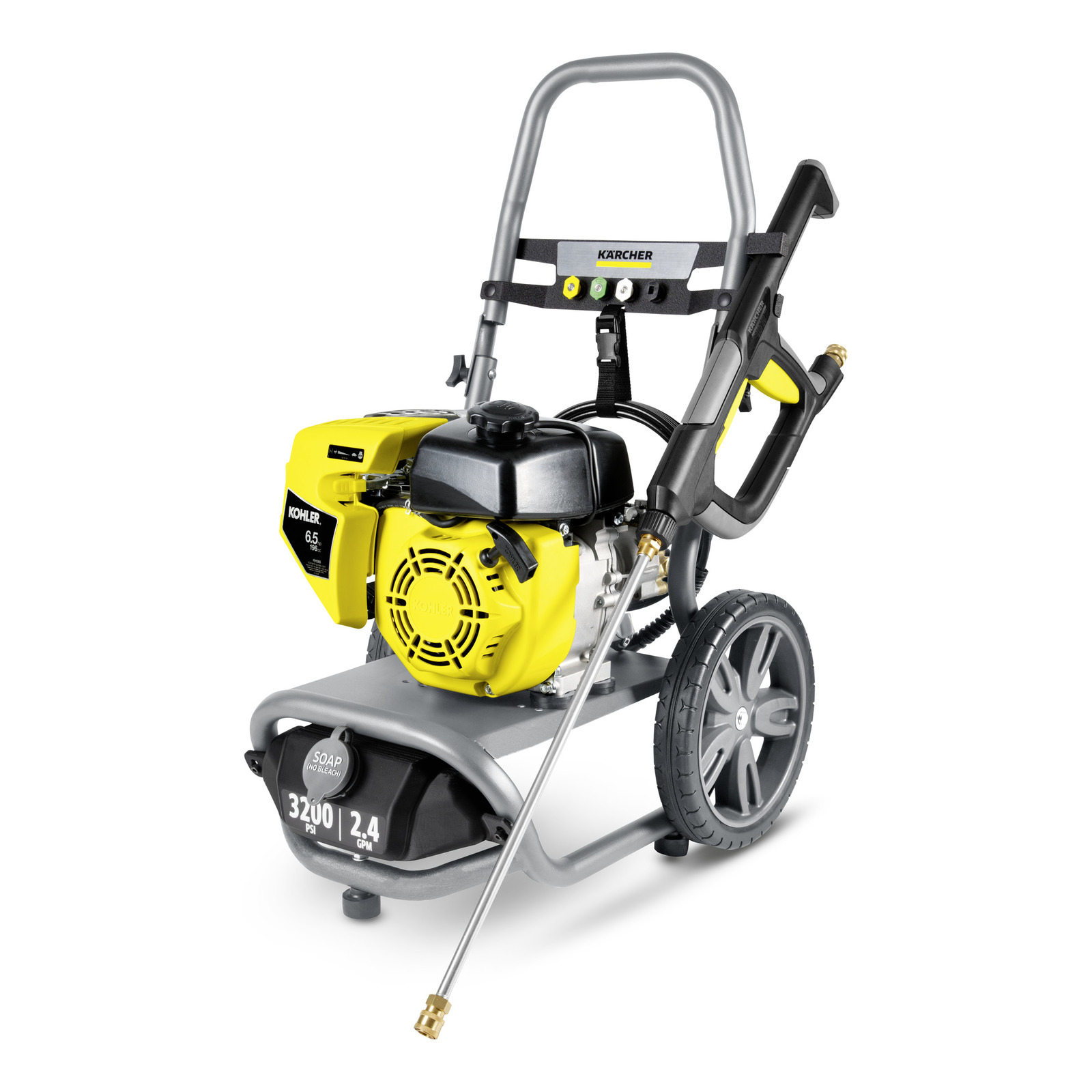 Kärcher high-pressure cleaner with yellow Kohler engine, mounted on a wheeled frame, featuring a spray gun and wand.