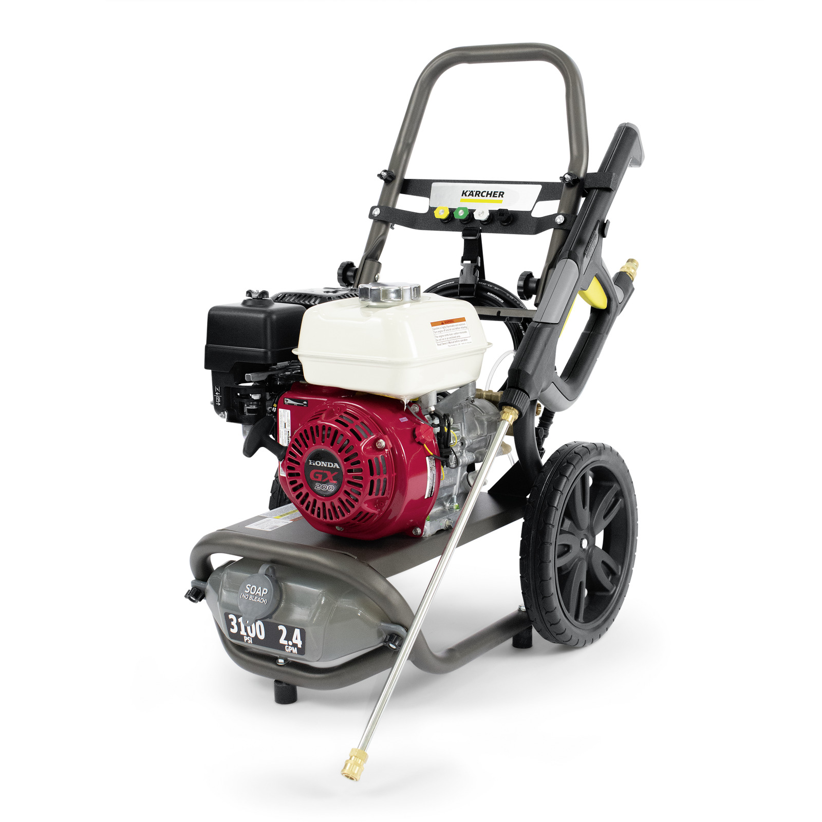 Kärcher high-pressure cleaner with Honda engine, mounted on wheels, featuring a soap tank and spray wand. Kärcher high-pressure cleaner with Honda engine, mounted on wheels, featuring a soap tank and spray wand.