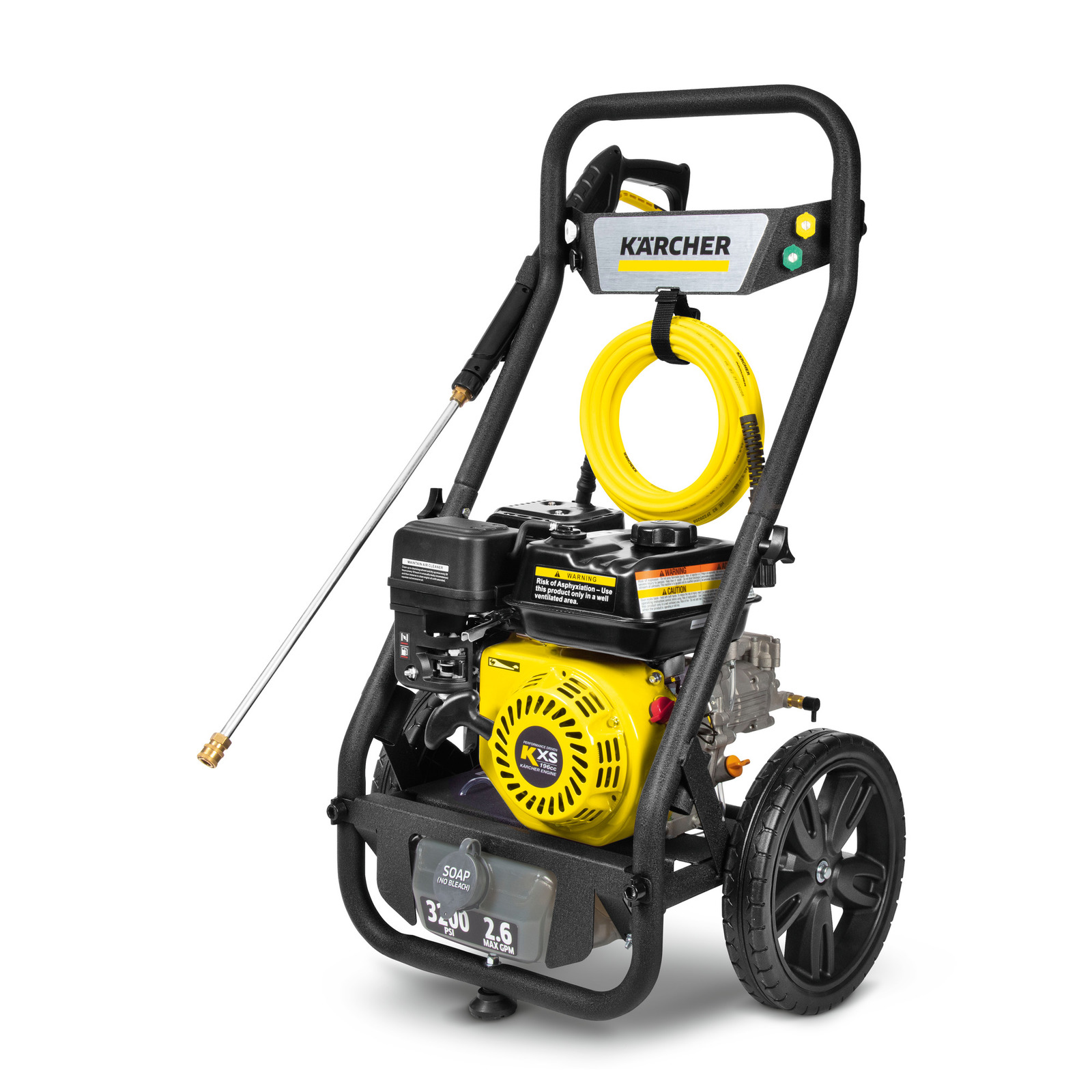 Kärcher high-pressure cleaner with yellow hose, black frame, and large wheels on a white background.