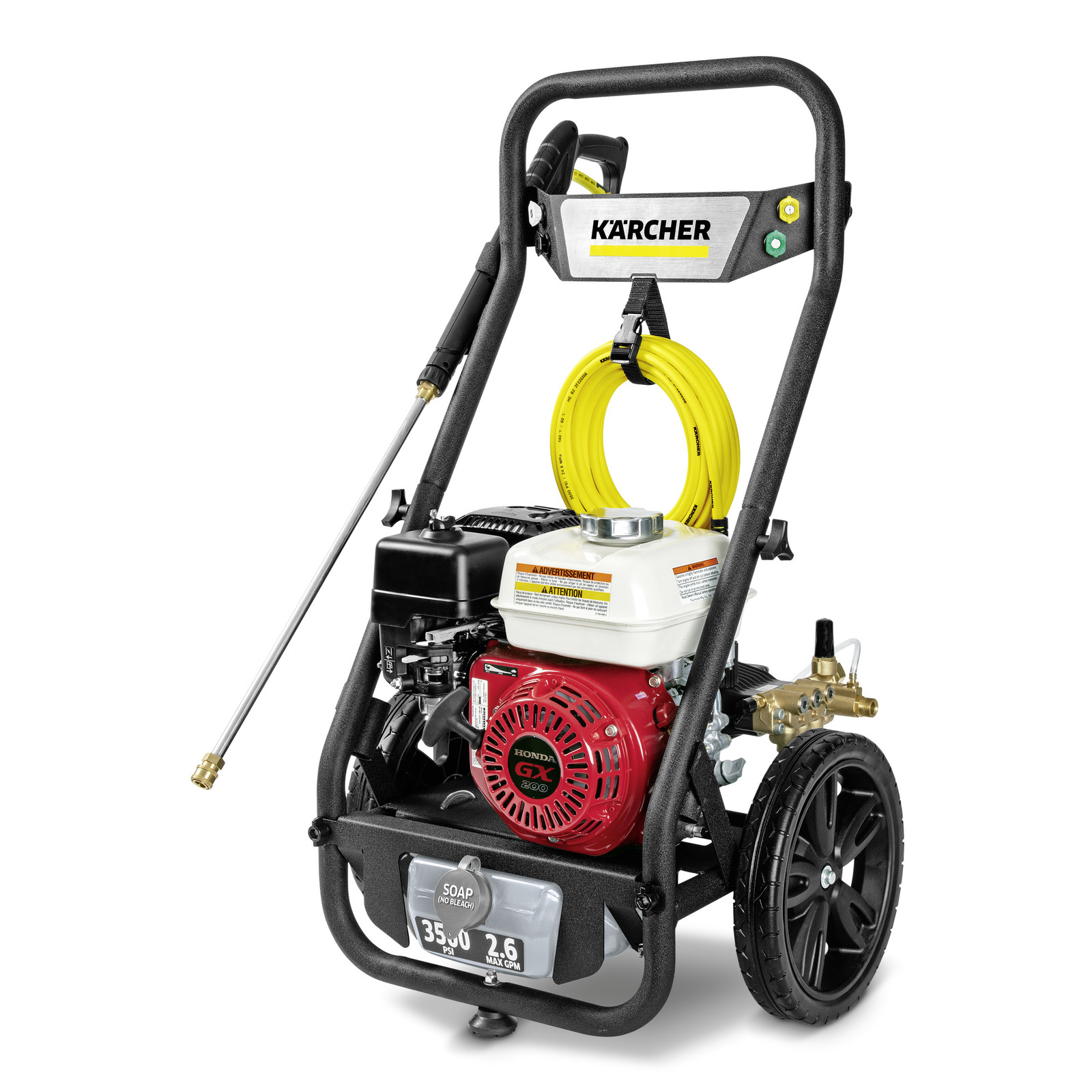 Kärcher high-pressure cleaner with a Honda engine, yellow hose, and black wheels on a metal frame. Kärcher high-pressure cleaner with a Honda engine, yellow hose, and black wheels on a metal frame.