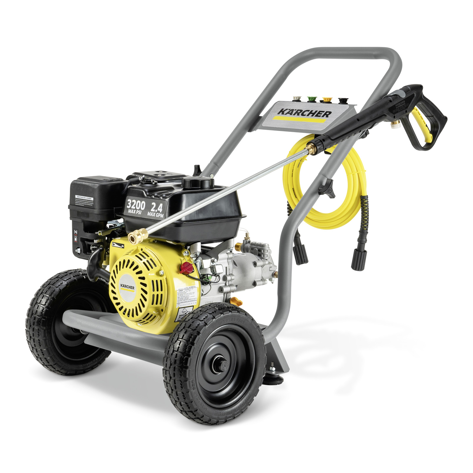 Kärcher high-pressure cleaner with yellow hose, black engine, and sturdy wheels on a white background.