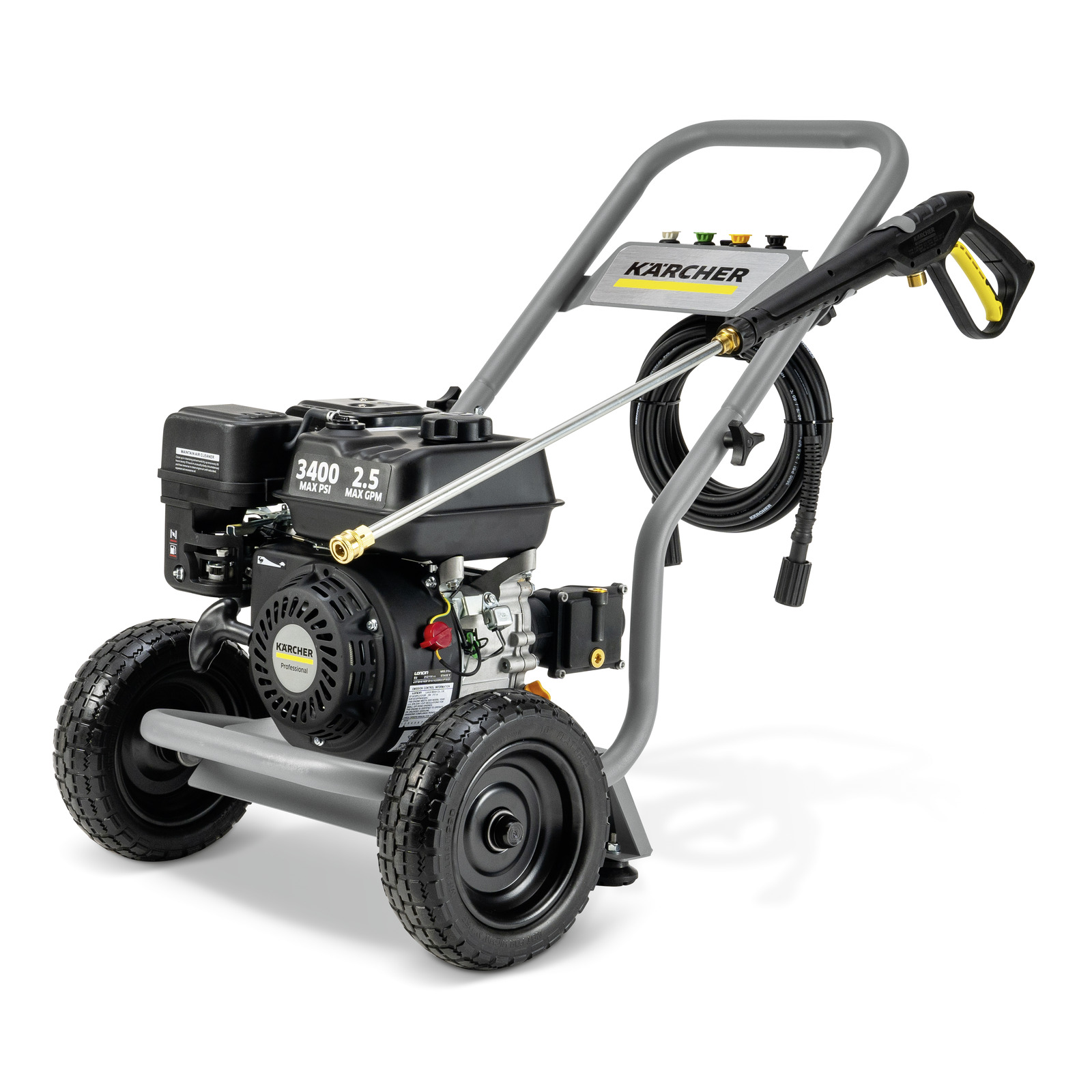 Kärcher high-pressure cleaner with two wheels, hose reel, and spray gun, displayed on a white background. Kärcher high-pressure cleaner with two wheels, hose reel, and spray gun, displayed on a white background.
