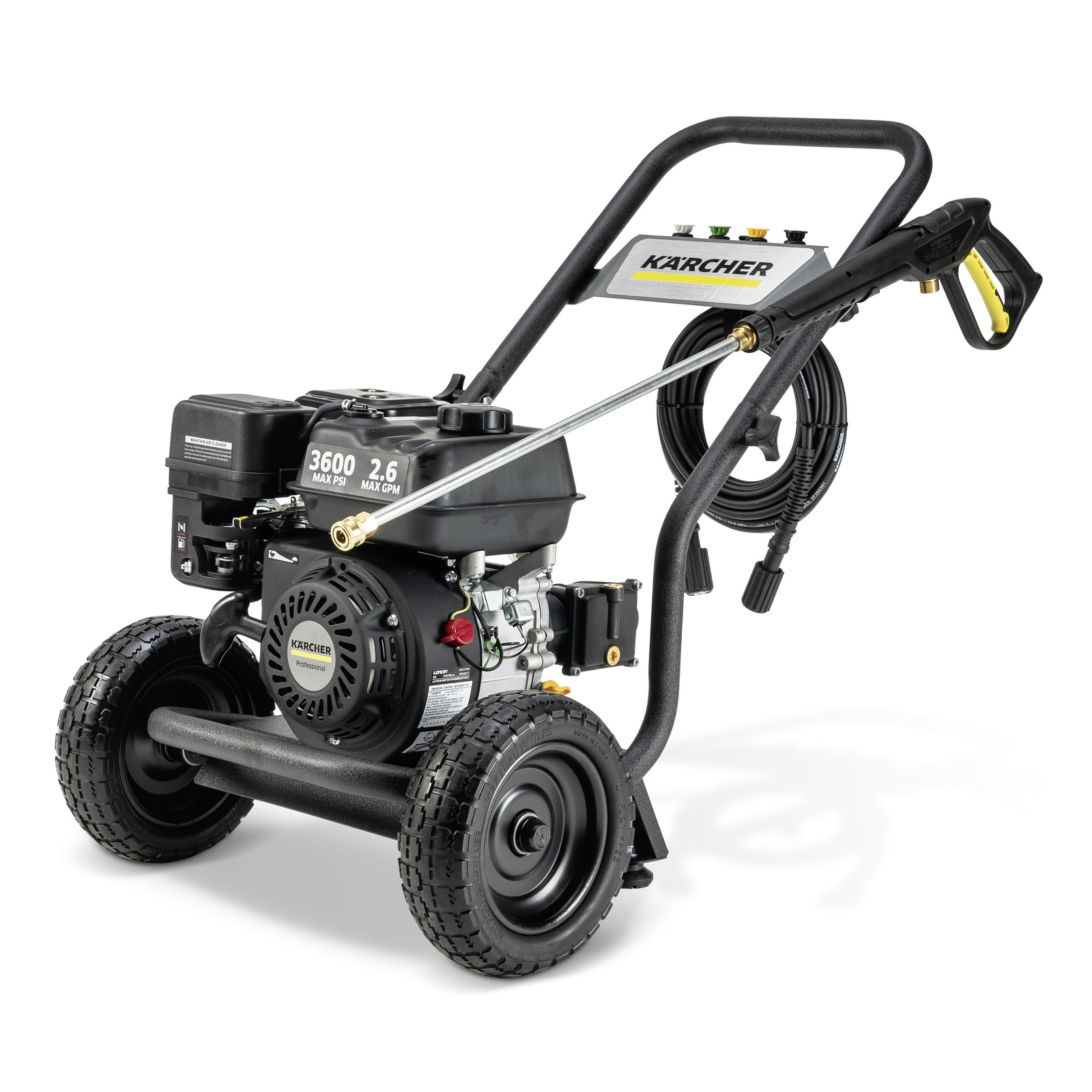 Kärcher high-pressure cleaner with wheels, hose, and handle, featuring a black engine and control panel. Kärcher high-pressure cleaner with wheels, hose, and handle, featuring a black engine and control panel.
