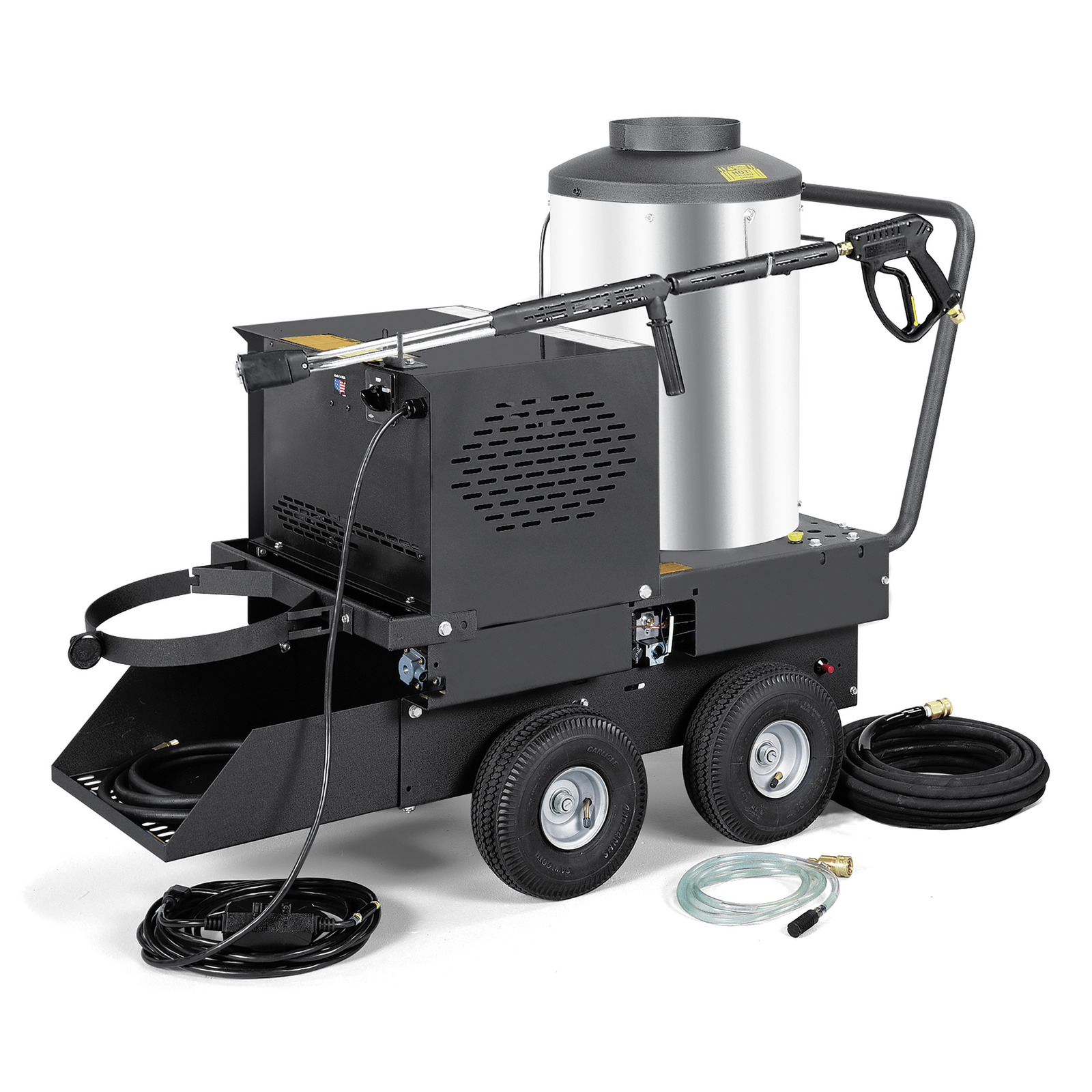 Kärcher hot water high-pressure cleaner with a black metal frame, wheels, and hoses, set against a white background. Kärcher hot water high-pressure cleaner with a black metal frame, wheels, and hoses, set against a white background.