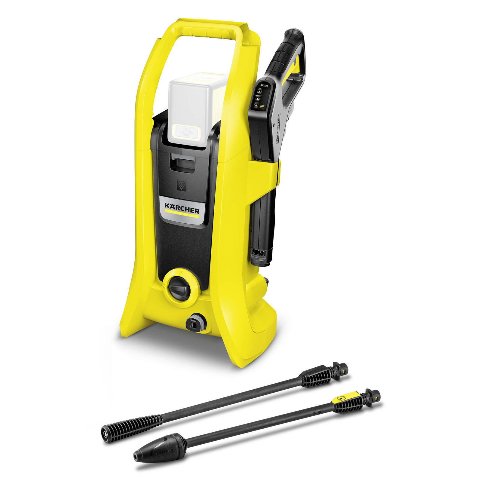 Yellow Kärcher high-pressure cleaner with two black spray lances on a white background.