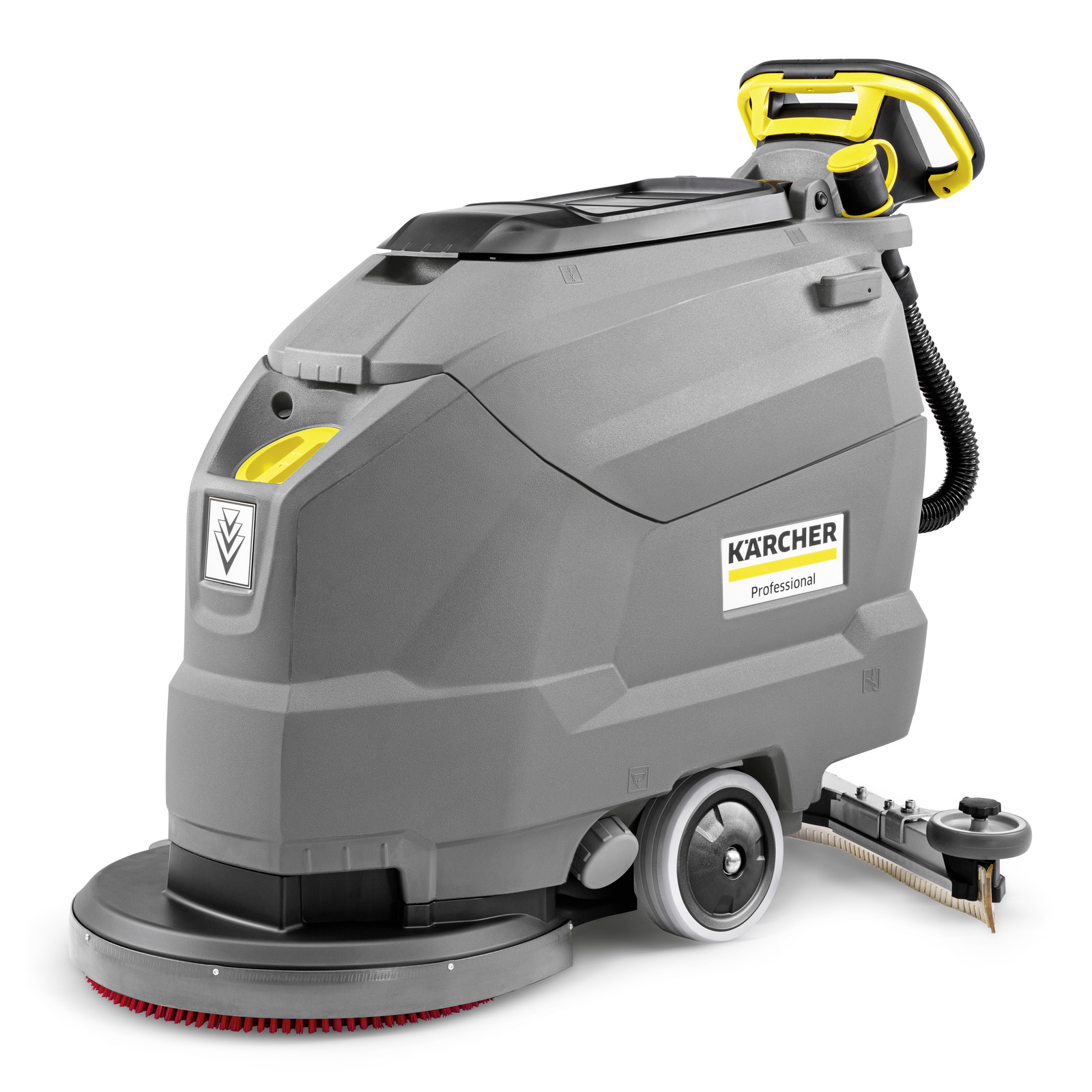 Grey Kärcher floor scrubber with yellow accents, featuring a circular brush and wheels, designed for professional cleaning.