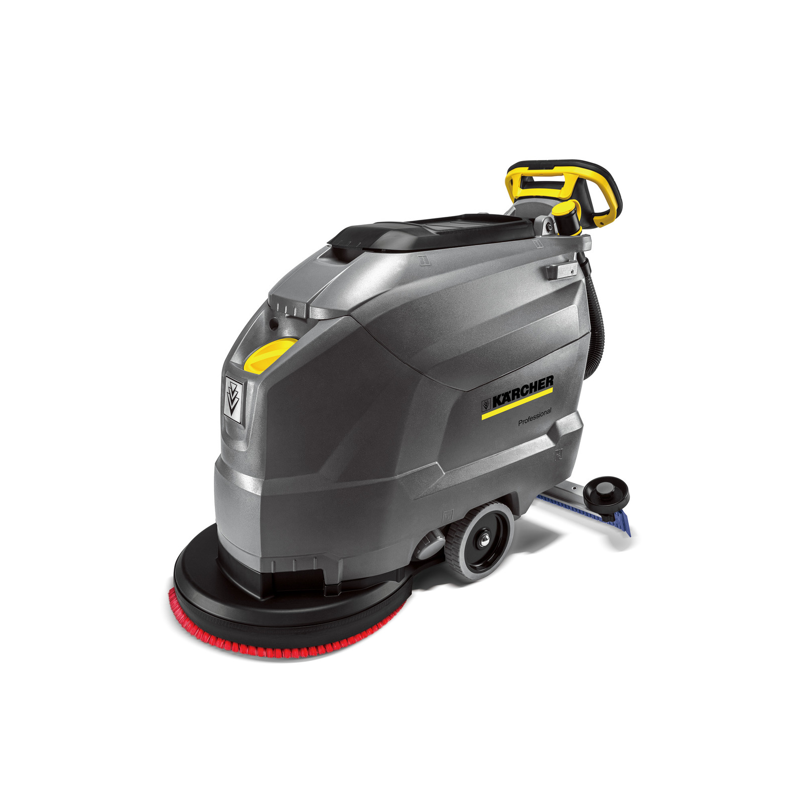Kärcher floor scrubber with grey body, yellow accents, and red brush, designed for professional cleaning.