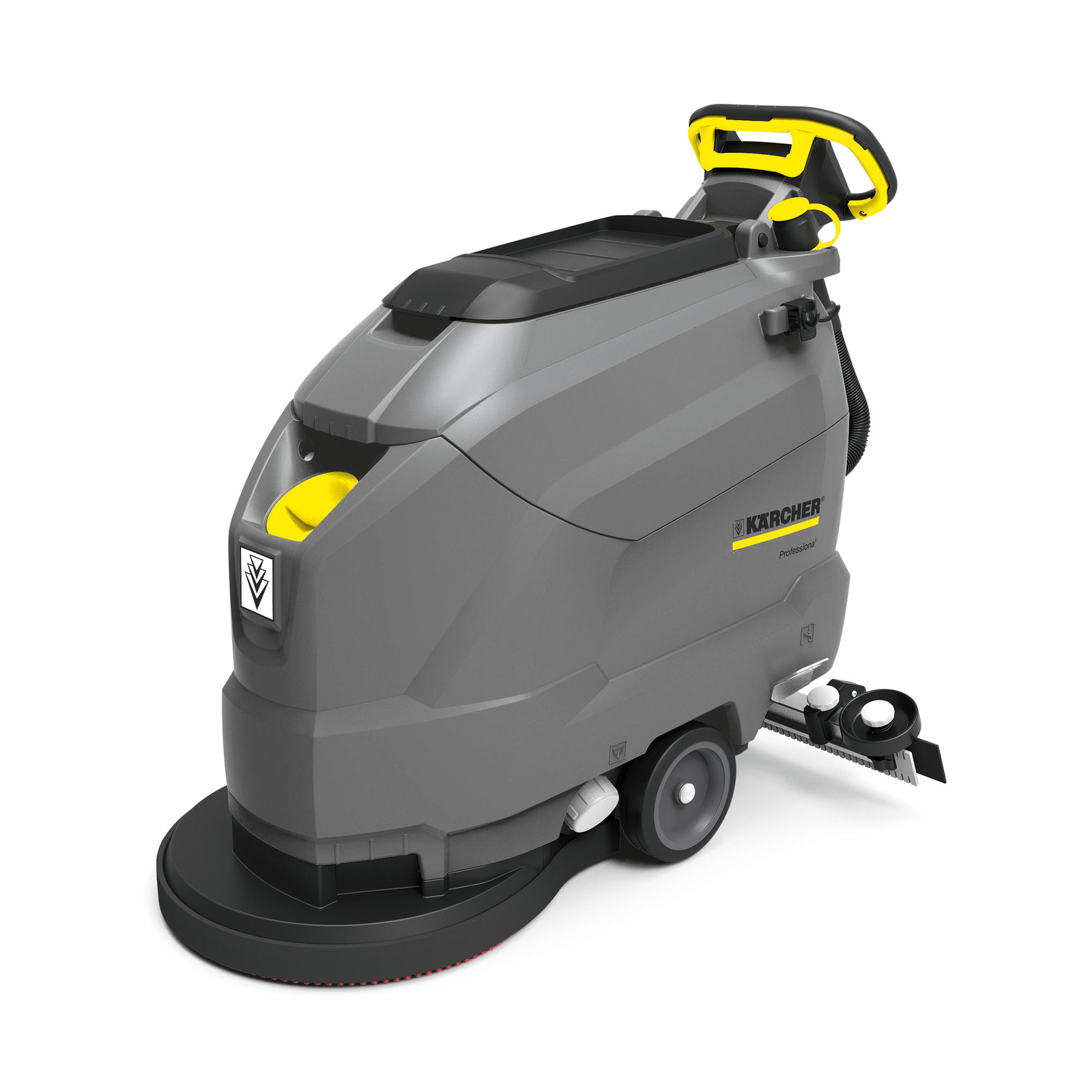 Grey Kärcher floor scrubber with yellow accents, featuring a large cleaning brush and ergonomic handle. Grey Kärcher floor scrubber with yellow accents, featuring a large cleaning brush and ergonomic handle.