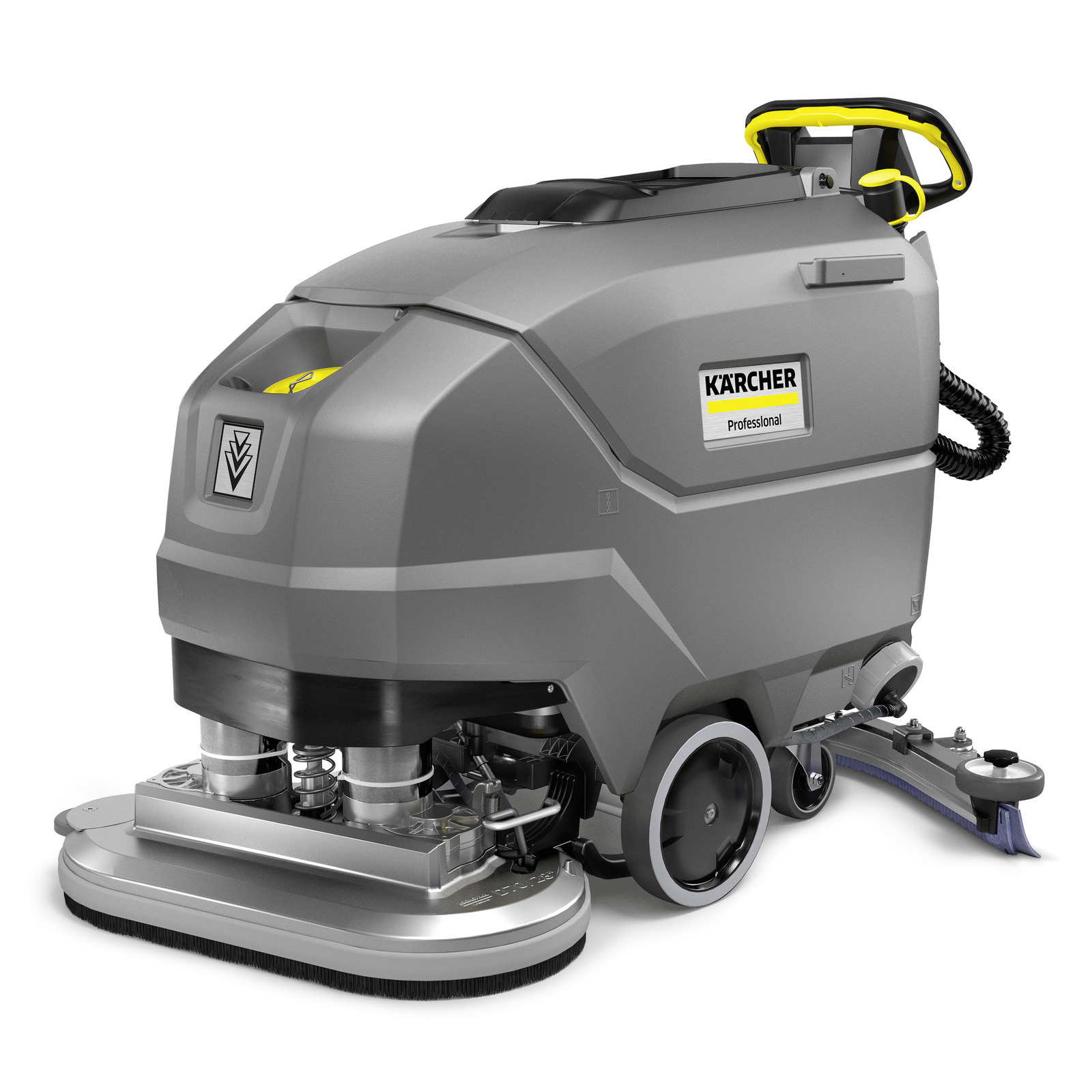 Grey Kärcher floor scrubber with dual brushes, large wheels, and ergonomic handle, designed for professional cleaning. Grey Kärcher floor scrubber with dual brushes, large wheels, and ergonomic handle, designed for professional cleaning.