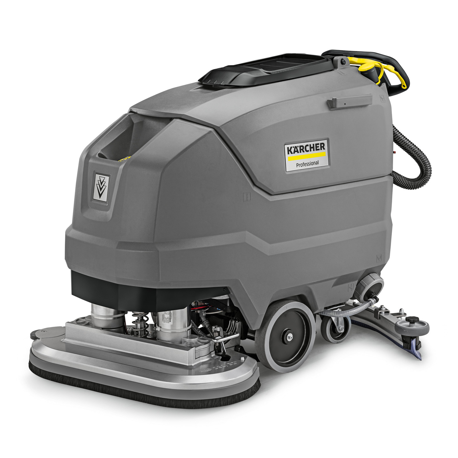Aspirator Kärcher profesional gri, cu perii rotative și roți, văzut din lateral.