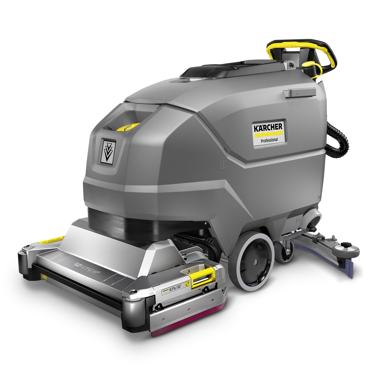 Kärcher professional floor scrubber with grey body, yellow accents, and dual brushes on a white background. Kärcher professional floor scrubber with grey body, yellow accents, and dual brushes on a white background.