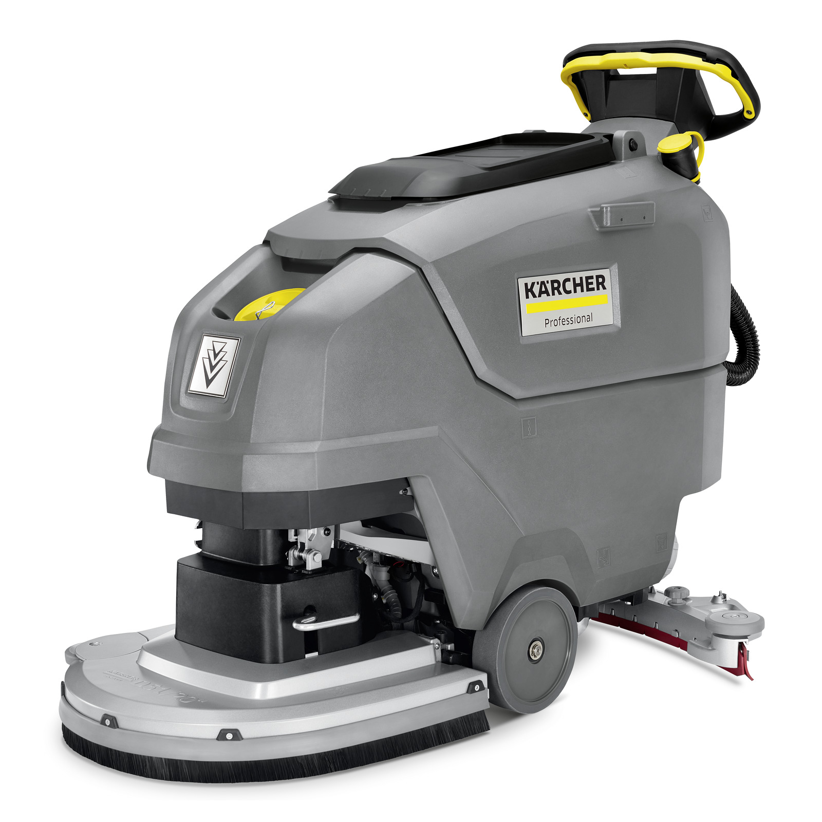 Kärcher professional floor scrubber with grey body, black and yellow handle, and visible brush at the base.
