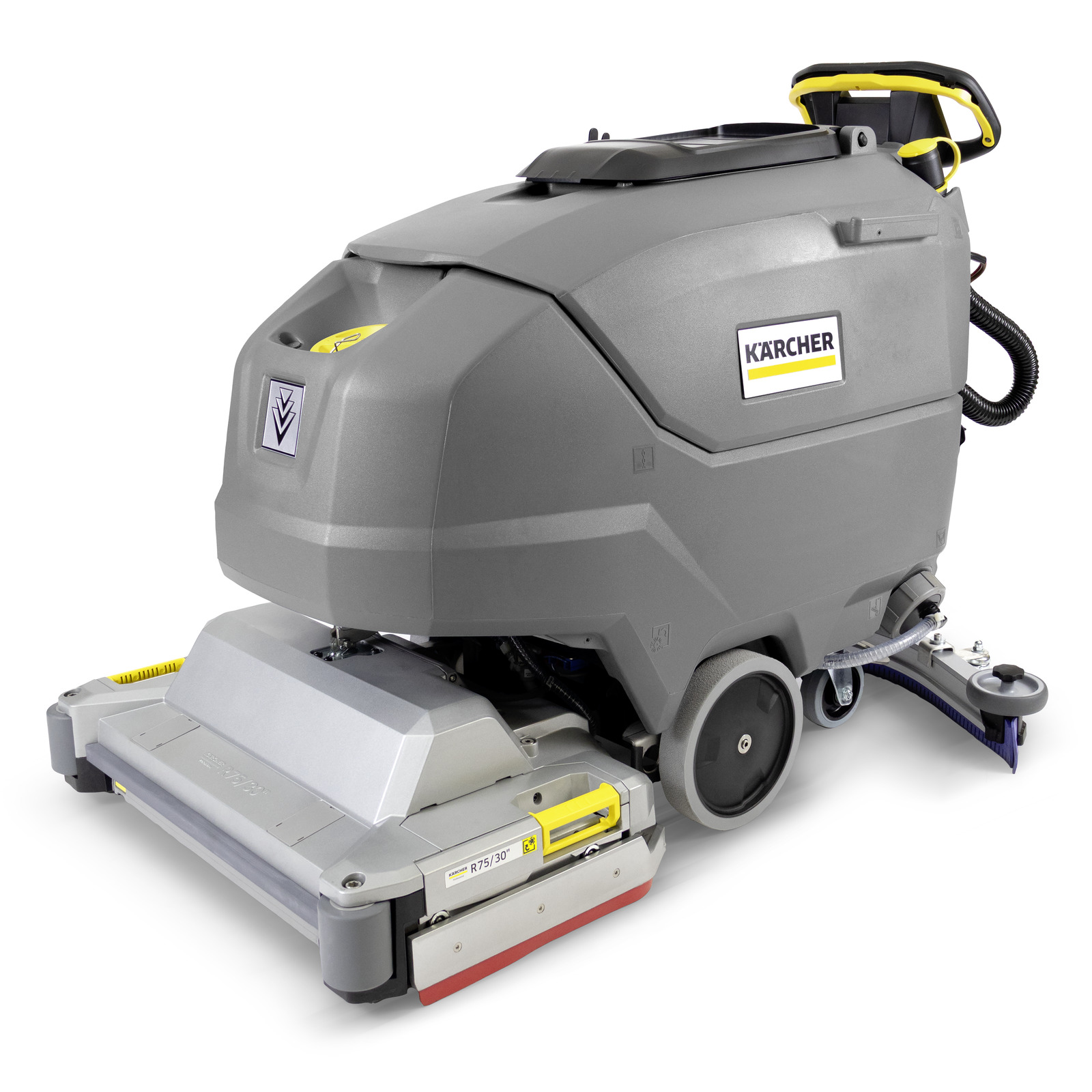 Kärcher professional scrubber dryer in grey and yellow, featuring a wide cleaning head and wheels, presented on a white background. Kärcher professional scrubber dryer in grey and yellow, featuring a wide cleaning head and wheels, presented on a white background.