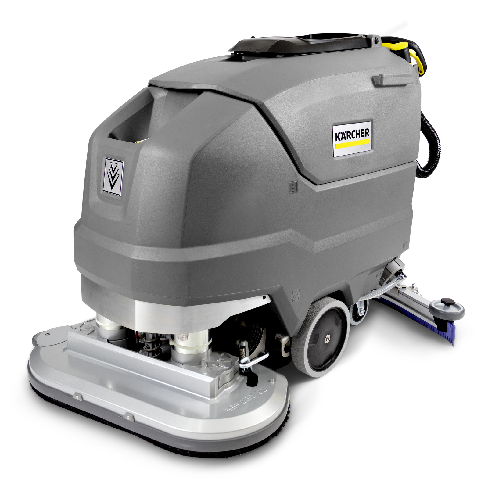 A Kärcher grey and yellow commercial scrubber drier, featuring a large tank, control panel, and cleaning head, presented on a plain white background. A Kärcher grey and yellow commercial scrubber drier, featuring a large tank, control panel, and cleaning head, presented on a plain white background.