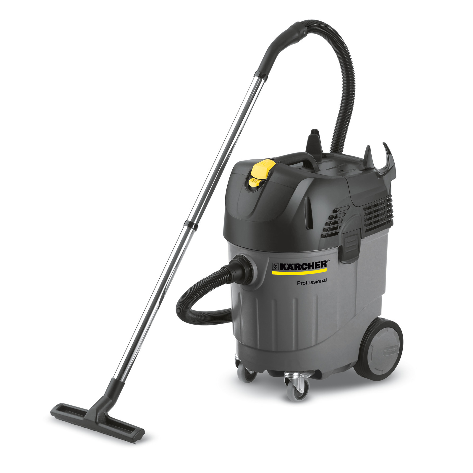 Aspirator Kärcher profesional, gri, cu furtun negru și mâner metalic, pe roți.
