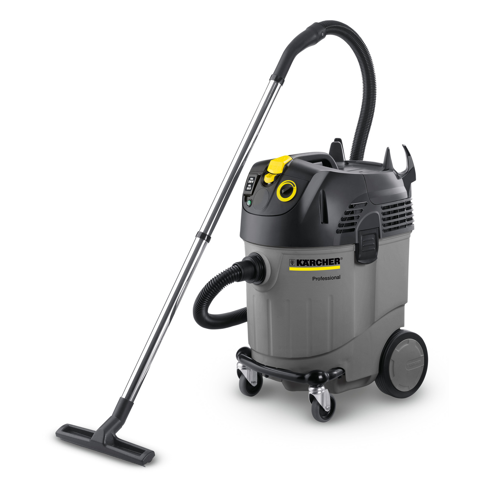 Kärcher professional wet and dry vacuum cleaner with grey body, black top, and wheels, featuring a long hose and nozzle.