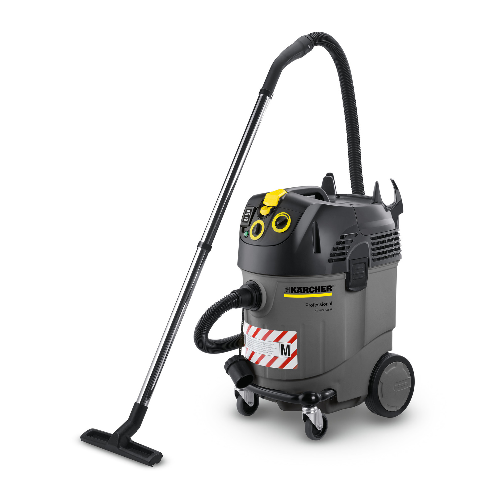 Kärcher NT 40/1 Eco M professional vacuum cleaner with hose and nozzle, grey body, yellow controls, and wheels. Kärcher NT 40/1 Eco M professional vacuum cleaner with hose and nozzle, grey body, yellow controls, and wheels.