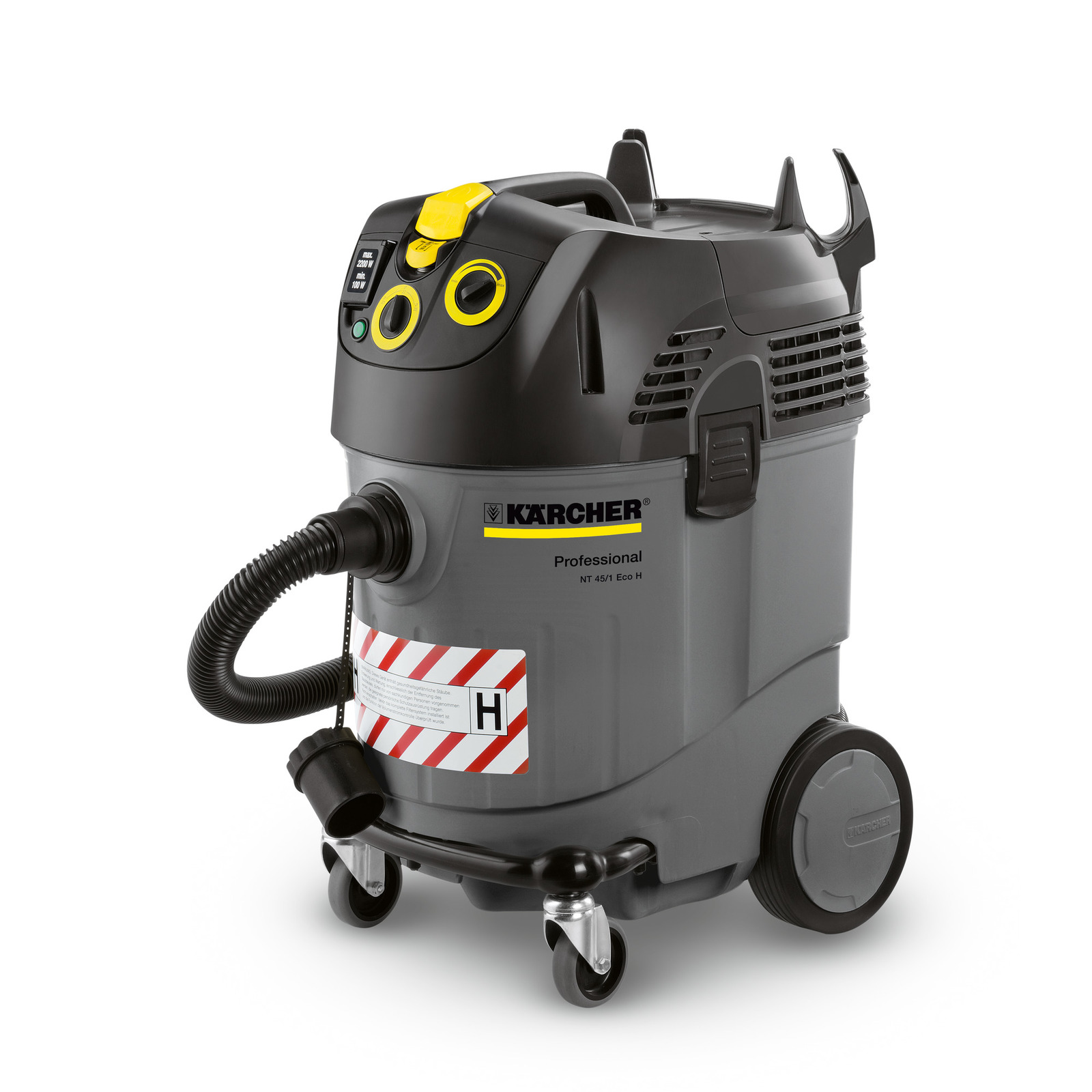 Kärcher Professional NT 45/1 Eco H vacuum cleaner with wheels, hose, and control panel, featuring a grey and black design.