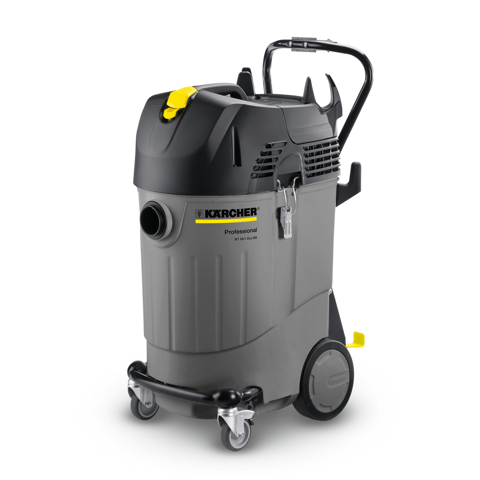 Kärcher NT 55/1 Eco BS professional vacuum cleaner with grey body, black top, yellow accents, and wheels for mobility.