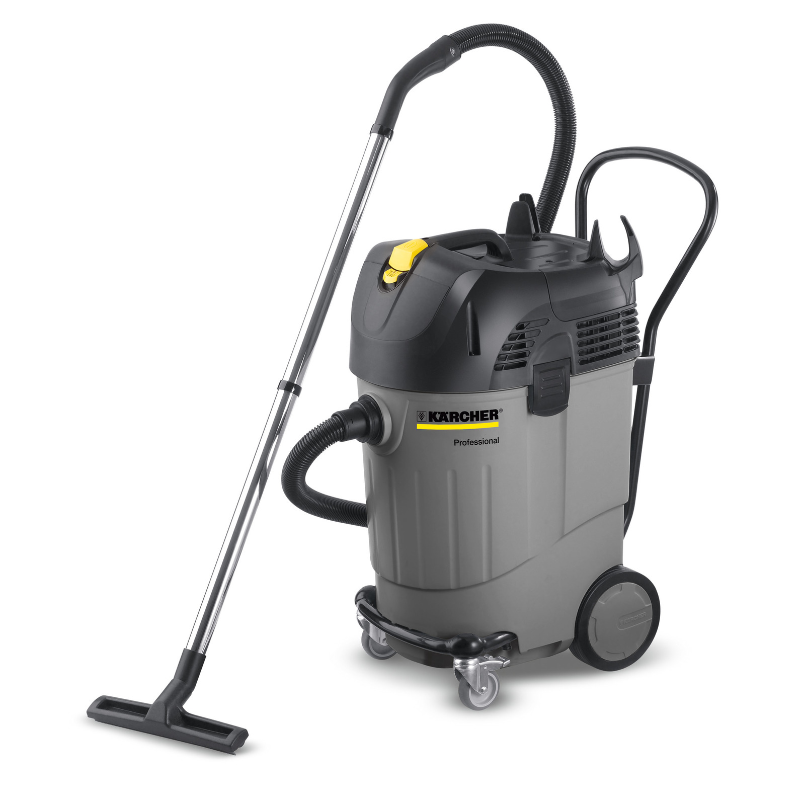 Kärcher professional wet and dry vacuum cleaner with a grey body, black top, hose, and wheels. Kärcher professional wet and dry vacuum cleaner with a grey body, black top, hose, and wheels.