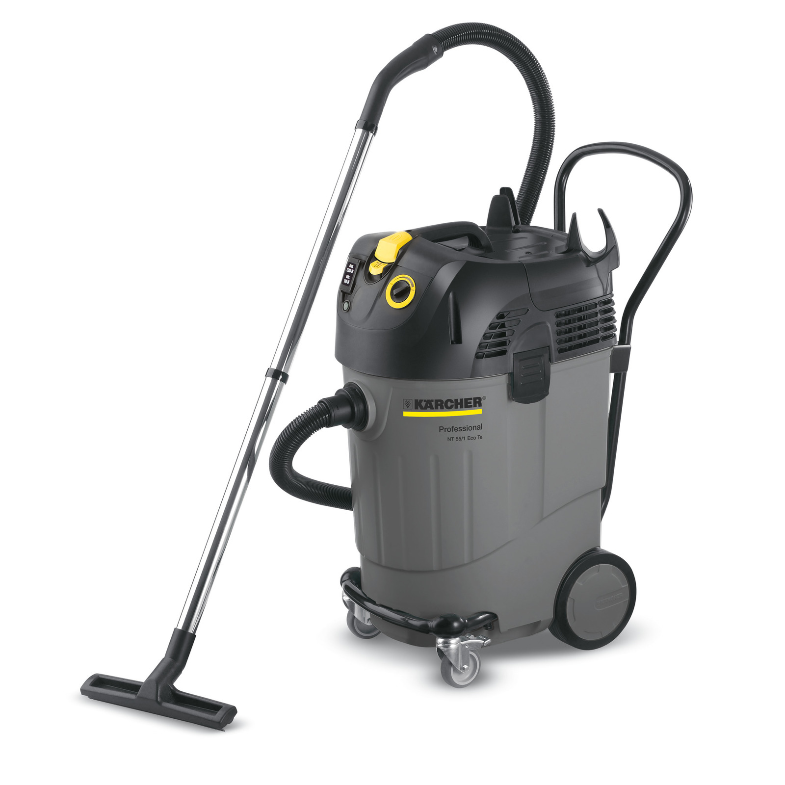 Kärcher Professional NT 65/1 Eco wet and dry vacuum cleaner with hose and nozzle, featuring wheels and ergonomic handle.