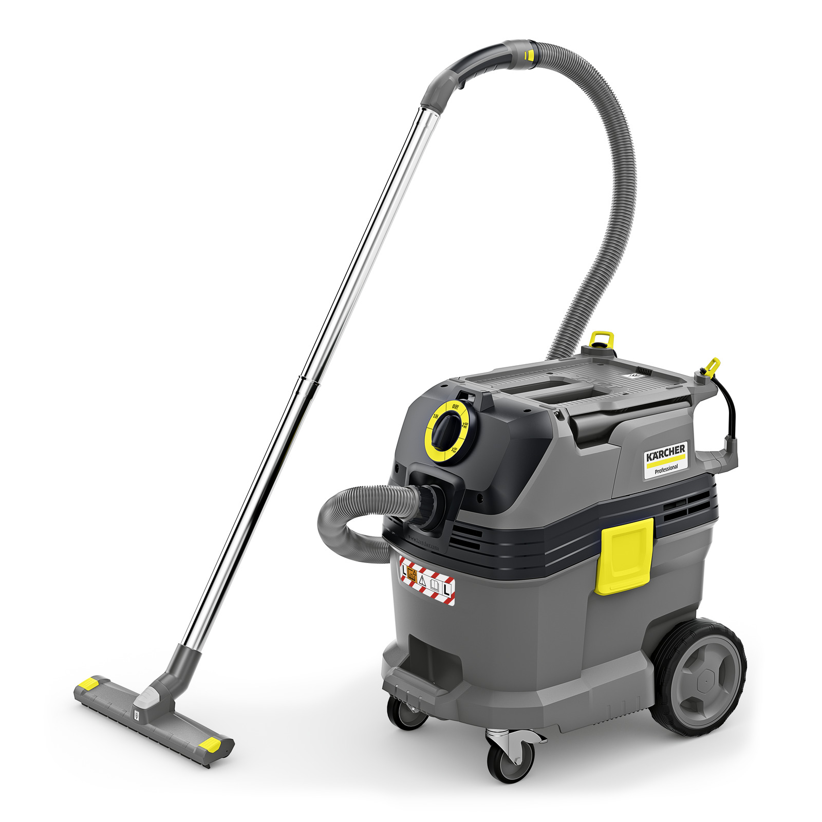 Kärcher industrial vacuum cleaner with a long hose and floor nozzle, grey and yellow design, on wheels.